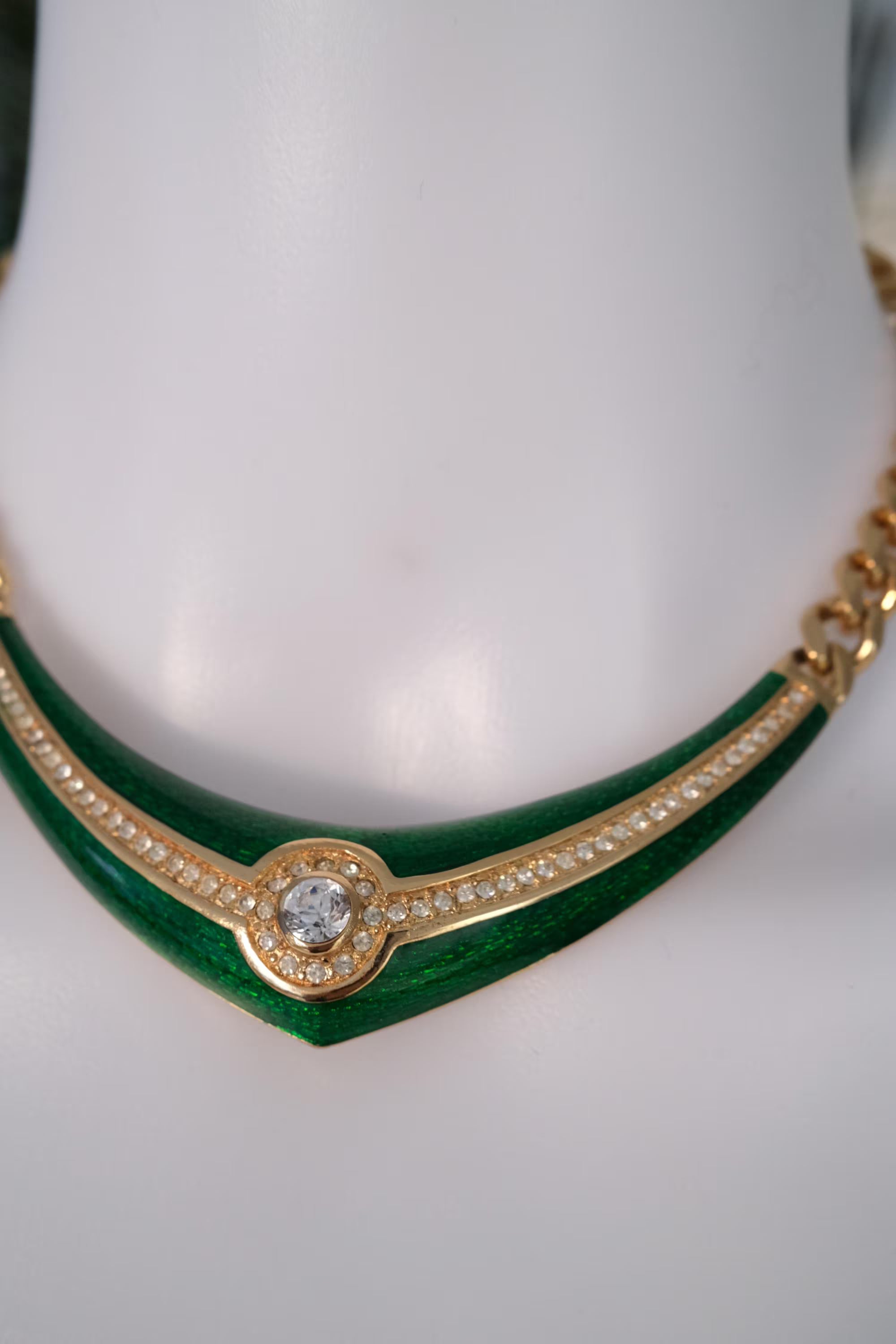 Vintage Christian Dior necklace, green enamel choker with crystal accent, couture jewelry