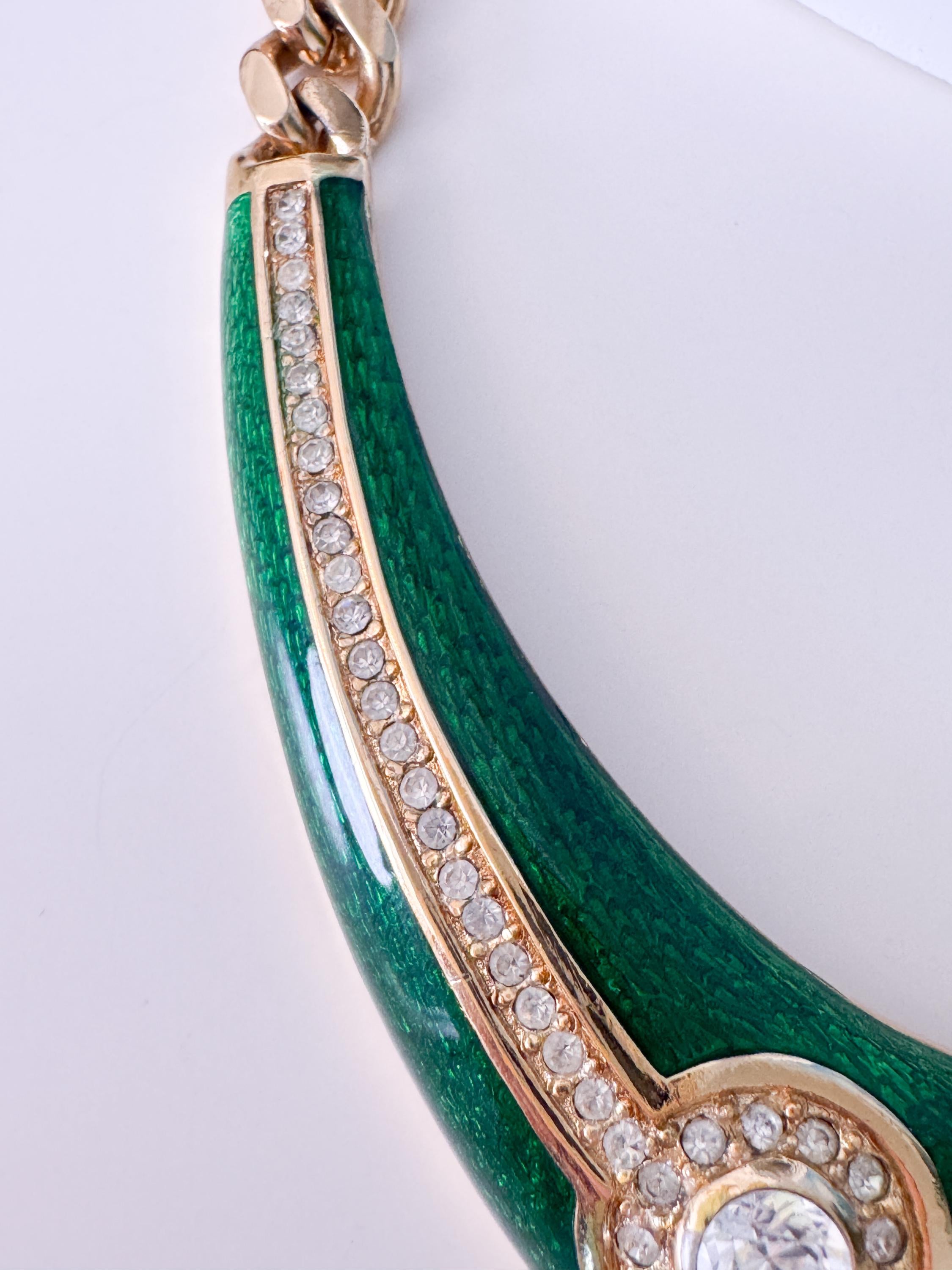 Vintage Christian Dior Necklace Green Enamel Choker with Crystal Couture Jewelry