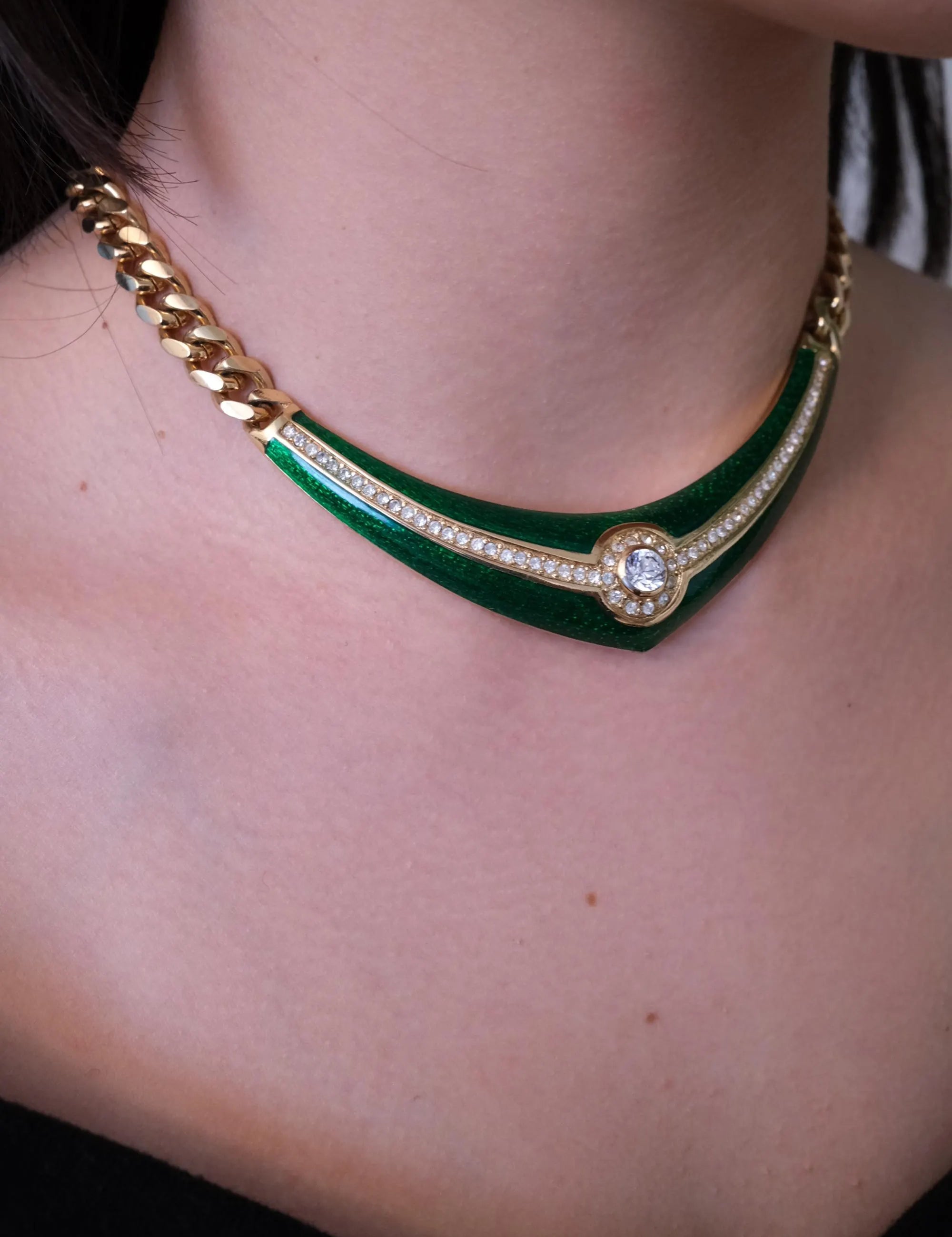 Vintage Christian Dior necklace, green enamel choker with crystal accent, couture jewelry