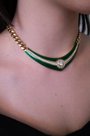 Vintage Christian Dior necklace, green enamel choker with crystal accent, couture jewelry
