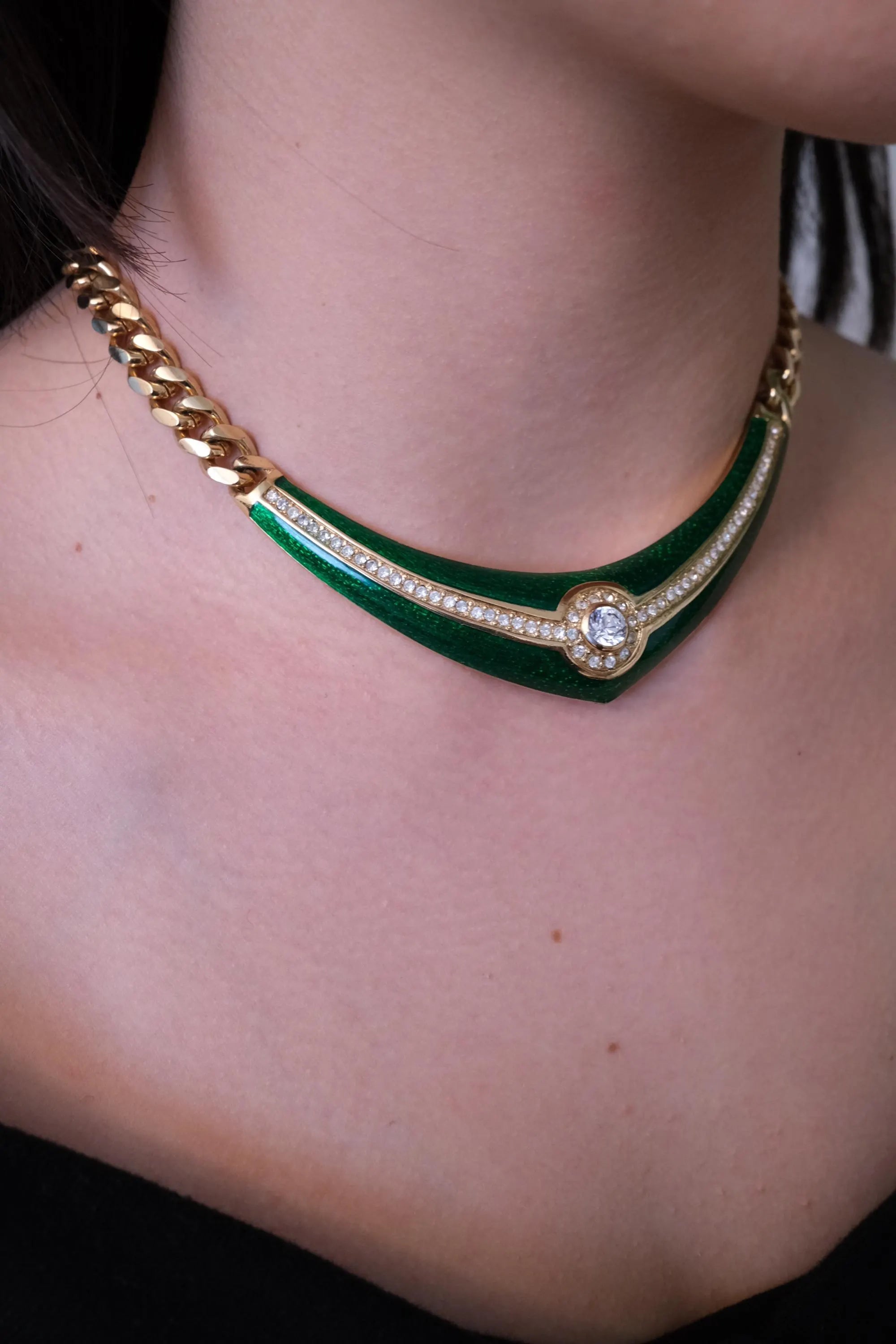 Vintage Christian Dior necklace, green enamel choker with crystal accent, couture jewelry
