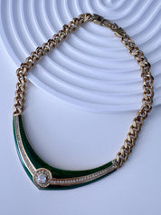 Vintage Christian Dior Necklace Green Enamel Choker with Crystal Couture Jewelry
