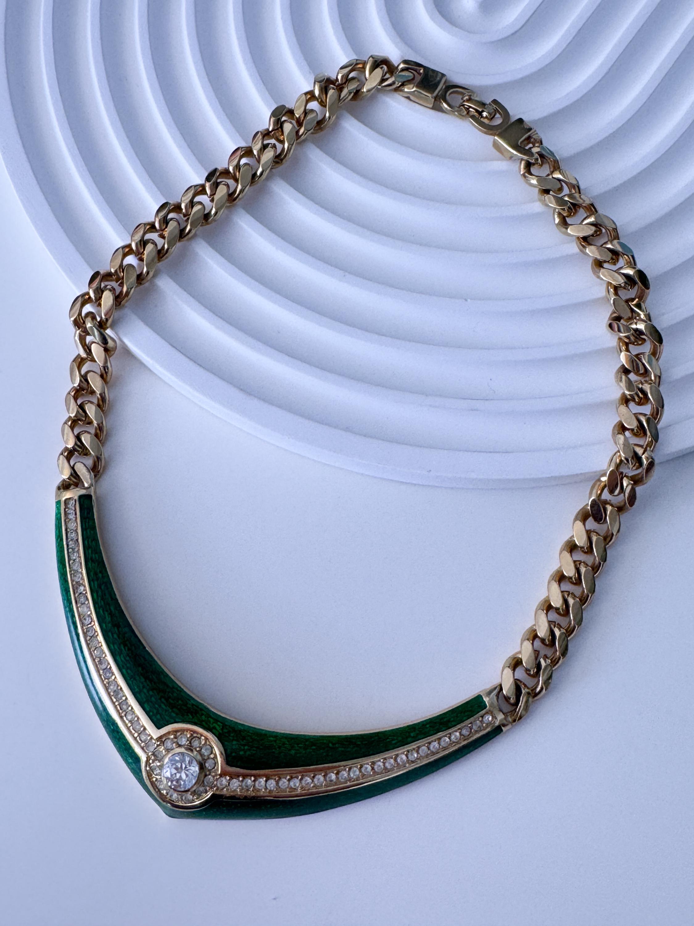 Vintage Christian Dior Necklace Green Enamel Choker with Crystal Couture Jewelry
