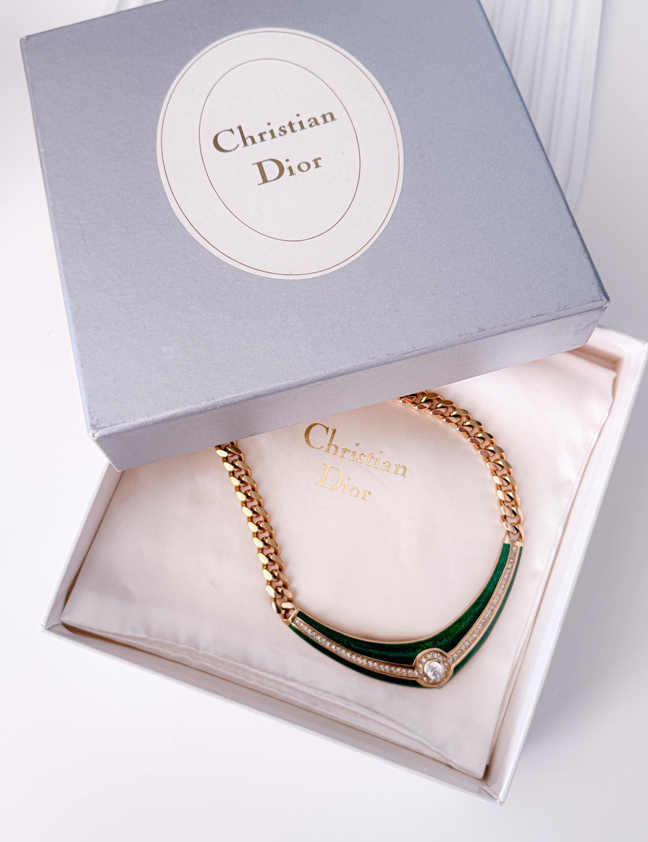 Vintage Christian Dior necklace, green enamel choker with crystal accent, couture jewelry