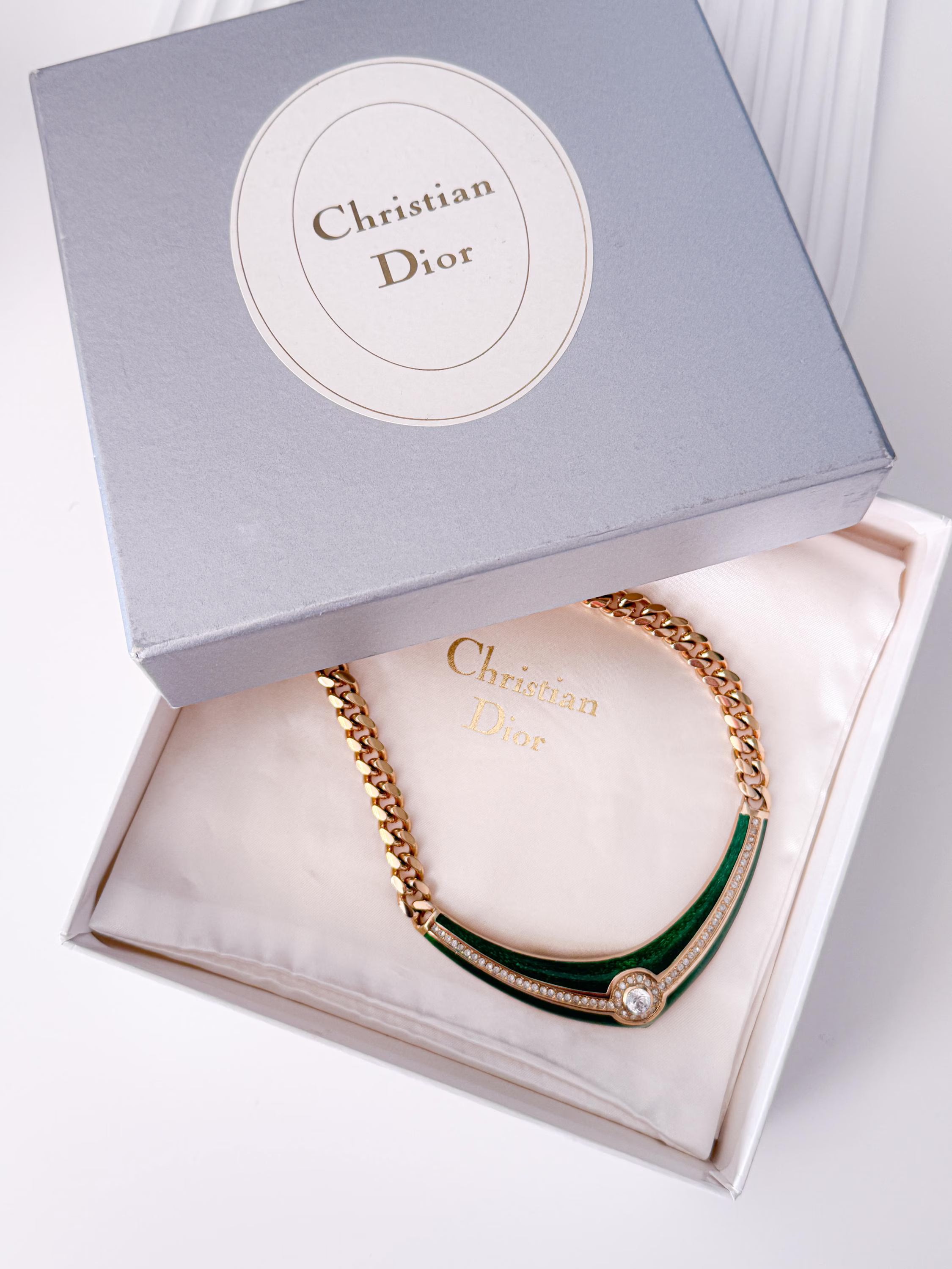 Vintage Christian Dior necklace, green enamel choker with crystal accent, couture jewelry