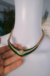 Vintage Christian Dior necklace, green enamel choker with crystal accent, couture jewelry