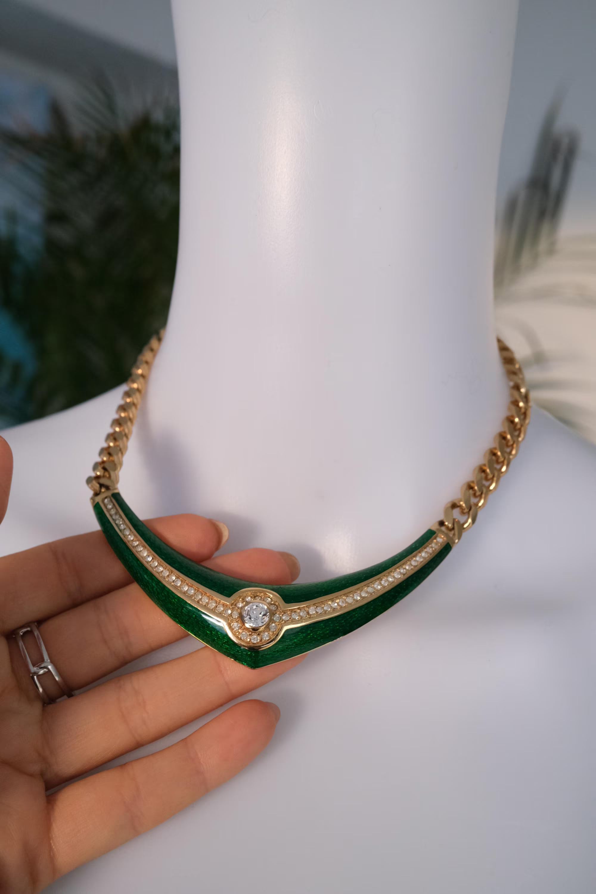 Vintage Christian Dior necklace, green enamel choker with crystal accent, couture jewelry
