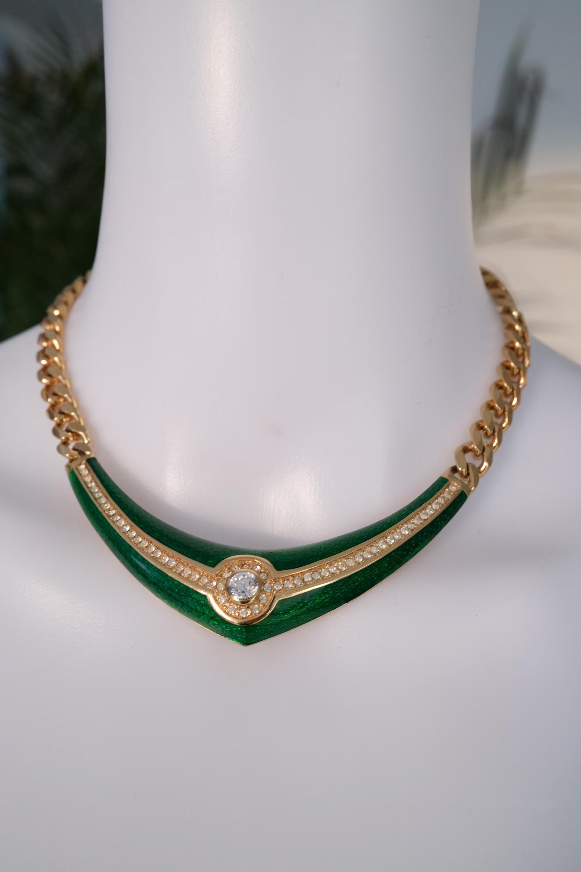 Vintage Christian Dior necklace, green enamel choker with crystal accent, couture jewelry