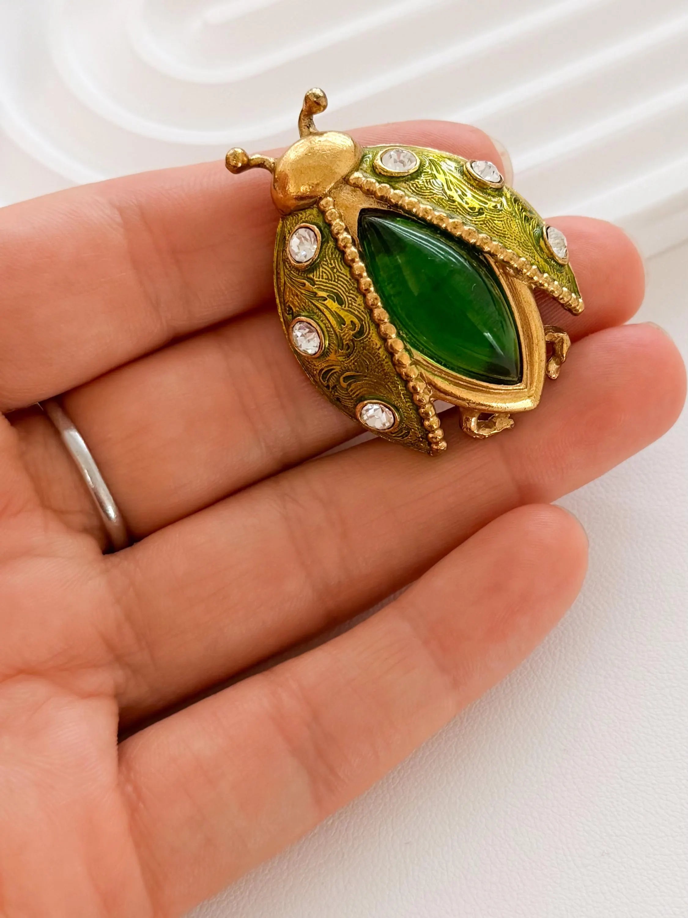 Vintage Dior beetle brooch gold rhinestone elegant unique designer jewelry