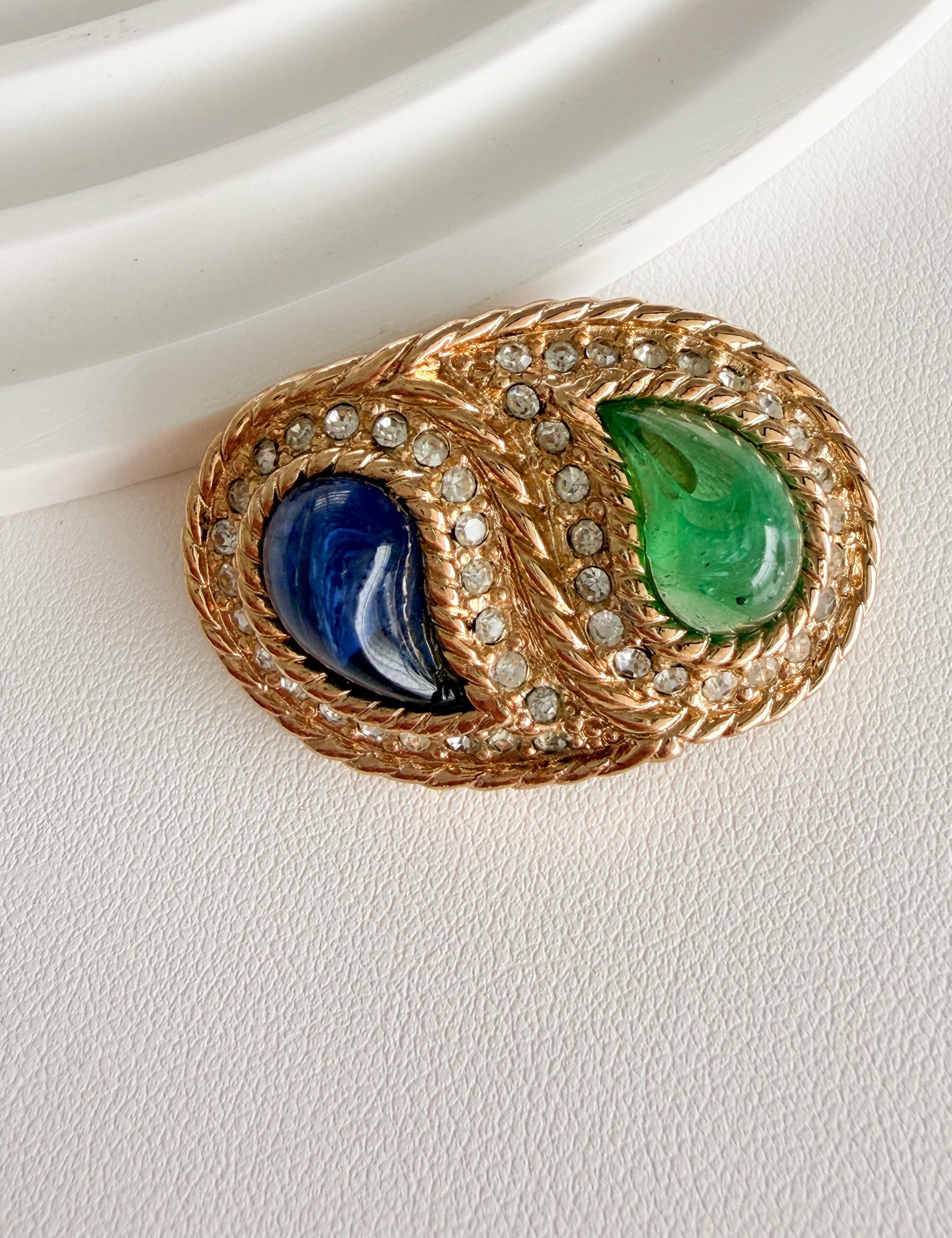 Elegant vintage Dior gold brooch with blue green cabochon and rhinestones timeless luxury