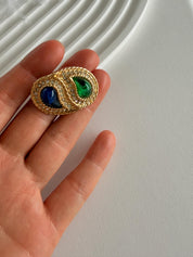 Vintage Dior gold brooch with blue green cabochon refined elegant designer jewelry