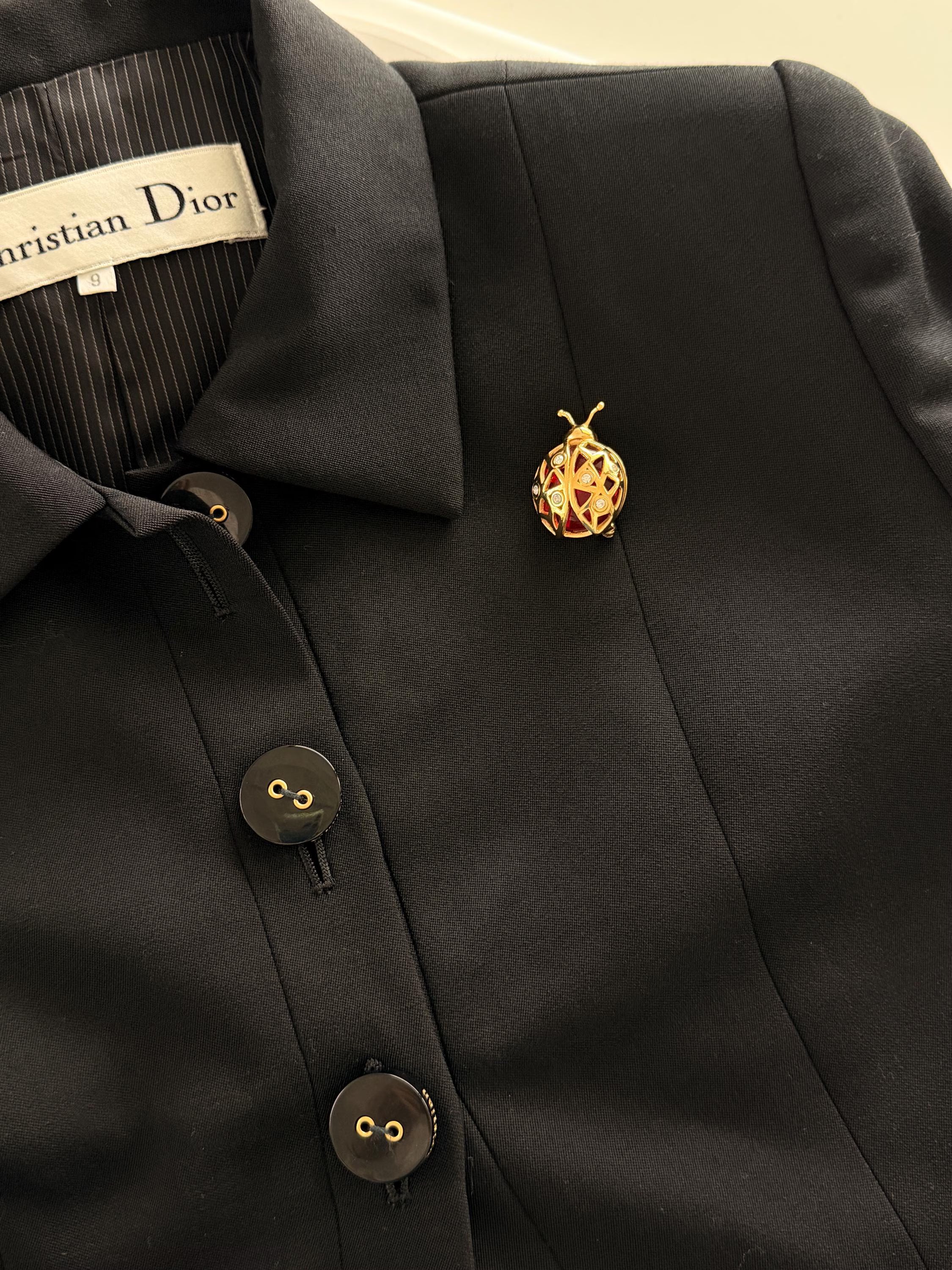 Dior ladybug brooch on coat timeless elegant European style refined look
