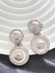 Vintage GIANNI VERSACE Medusa Dangle Earrings: Rhodium Plated Crystal Clip-Ons