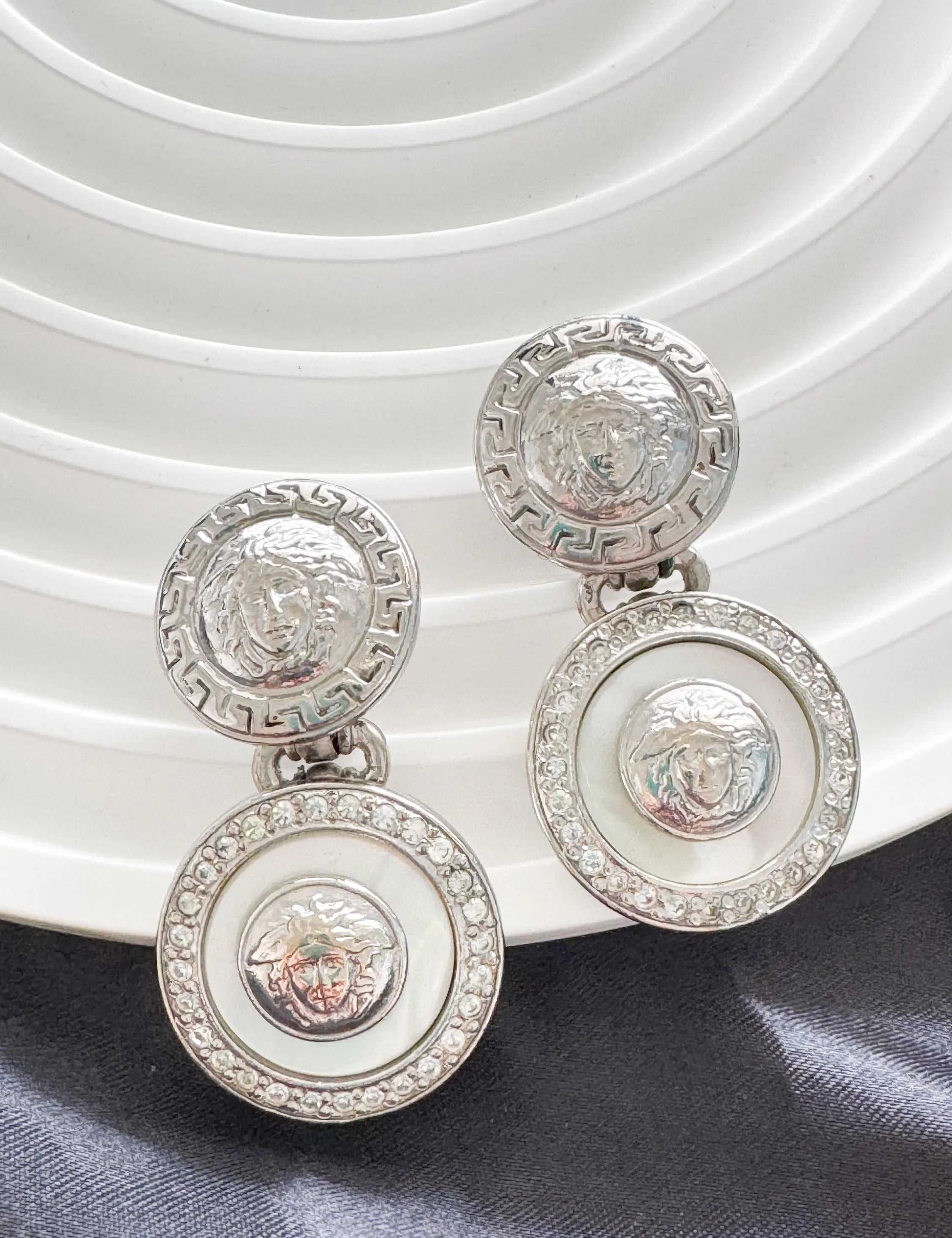Vintage GIANNI VERSACE Medusa Dangle Earrings: Rhodium Plated Crystal Clip-Ons