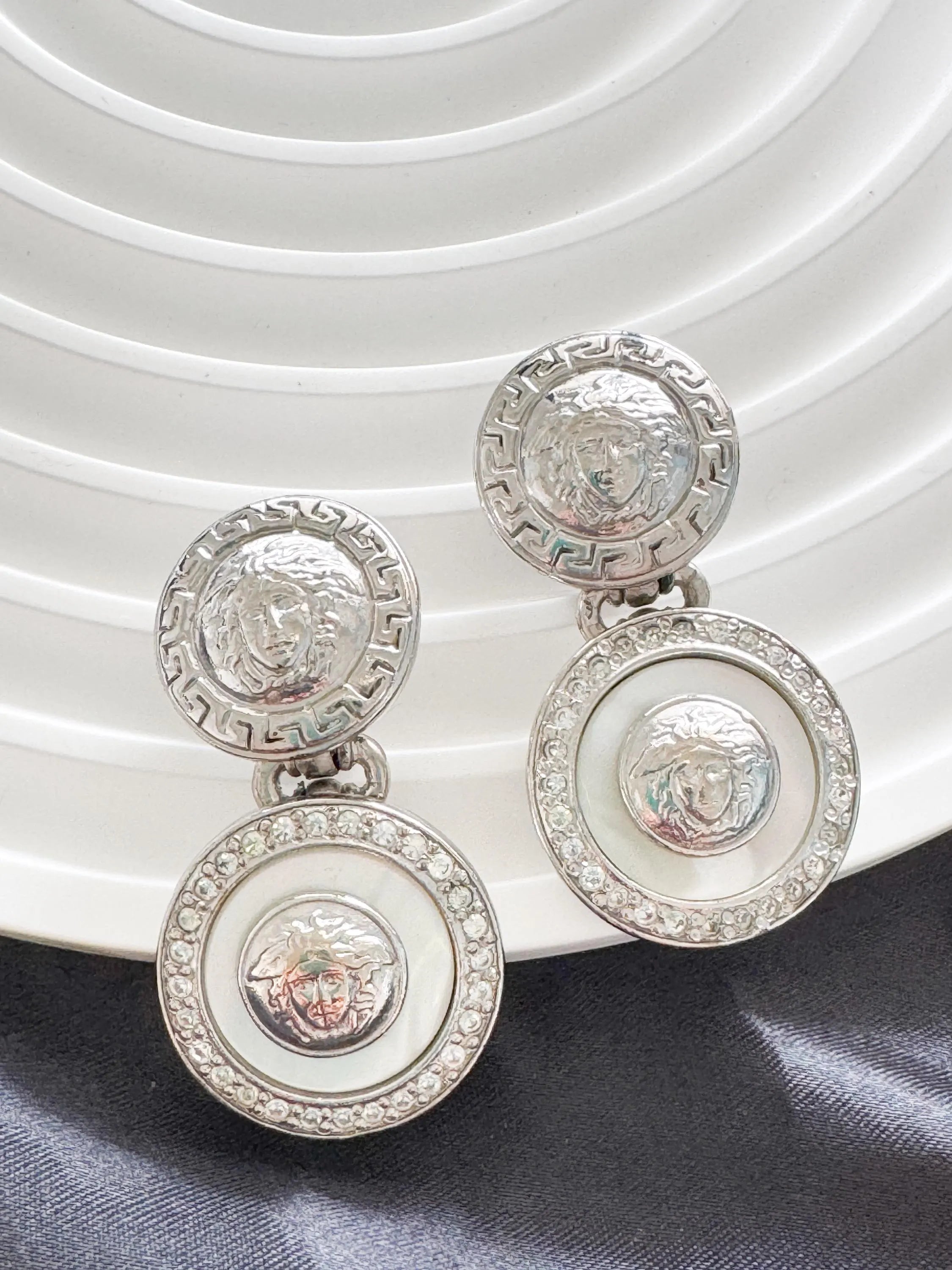 Vintage GIANNI VERSACE Medusa Dangle Earrings: Rhodium Plated Crystal Clip-Ons
