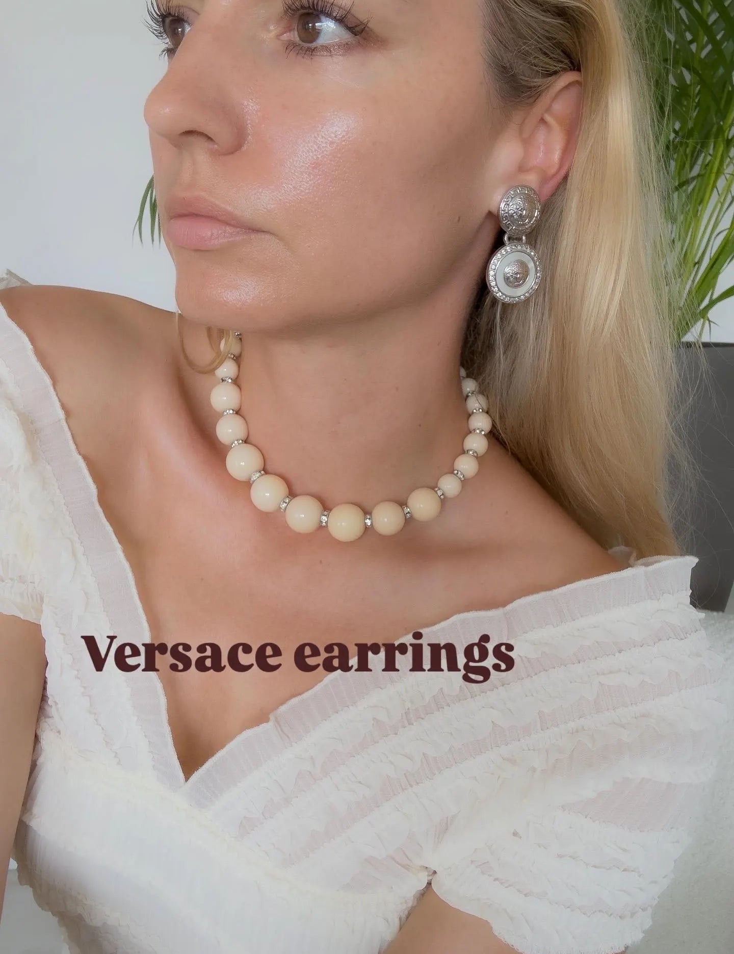Vintage GIANNI VERSACE Medusa Dangle Earrings: Rhodium Plated Crystal Clip-Ons