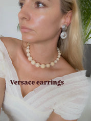 Vintage GIANNI VERSACE Medusa Dangle Earrings: Rhodium Plated Crystal Clip-Ons