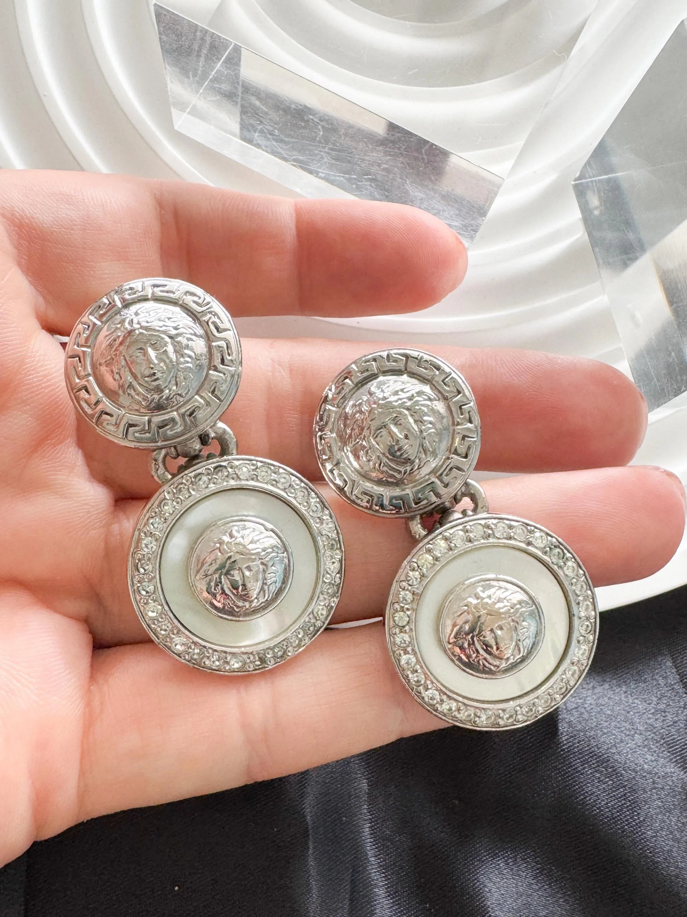 Vintage GIANNI VERSACE Medusa Dangle Earrings: Rhodium Plated Crystal Clip-Ons