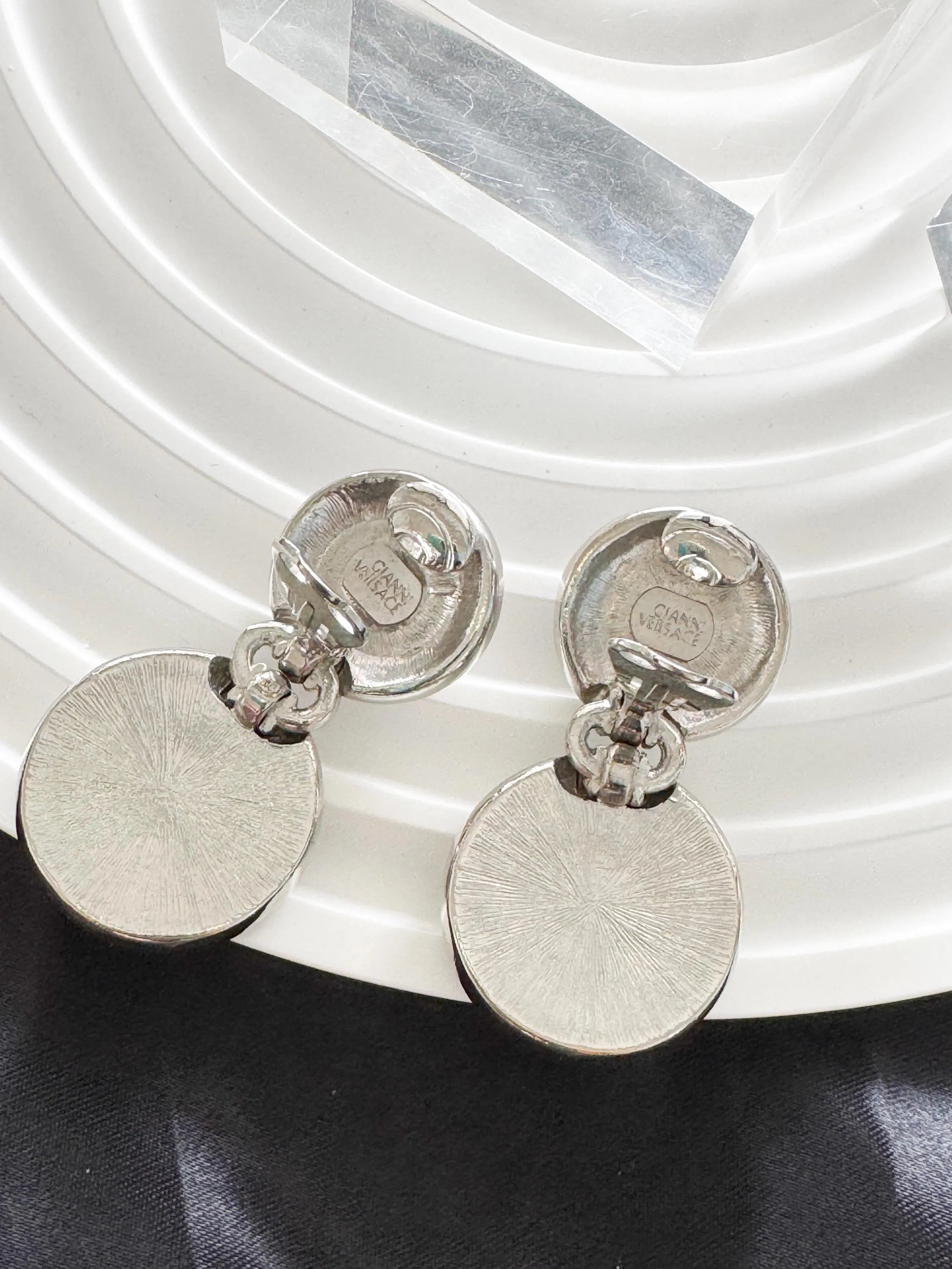 Vintage GIANNI VERSACE Medusa Dangle Earrings: Rhodium Plated Crystal Clip-Ons