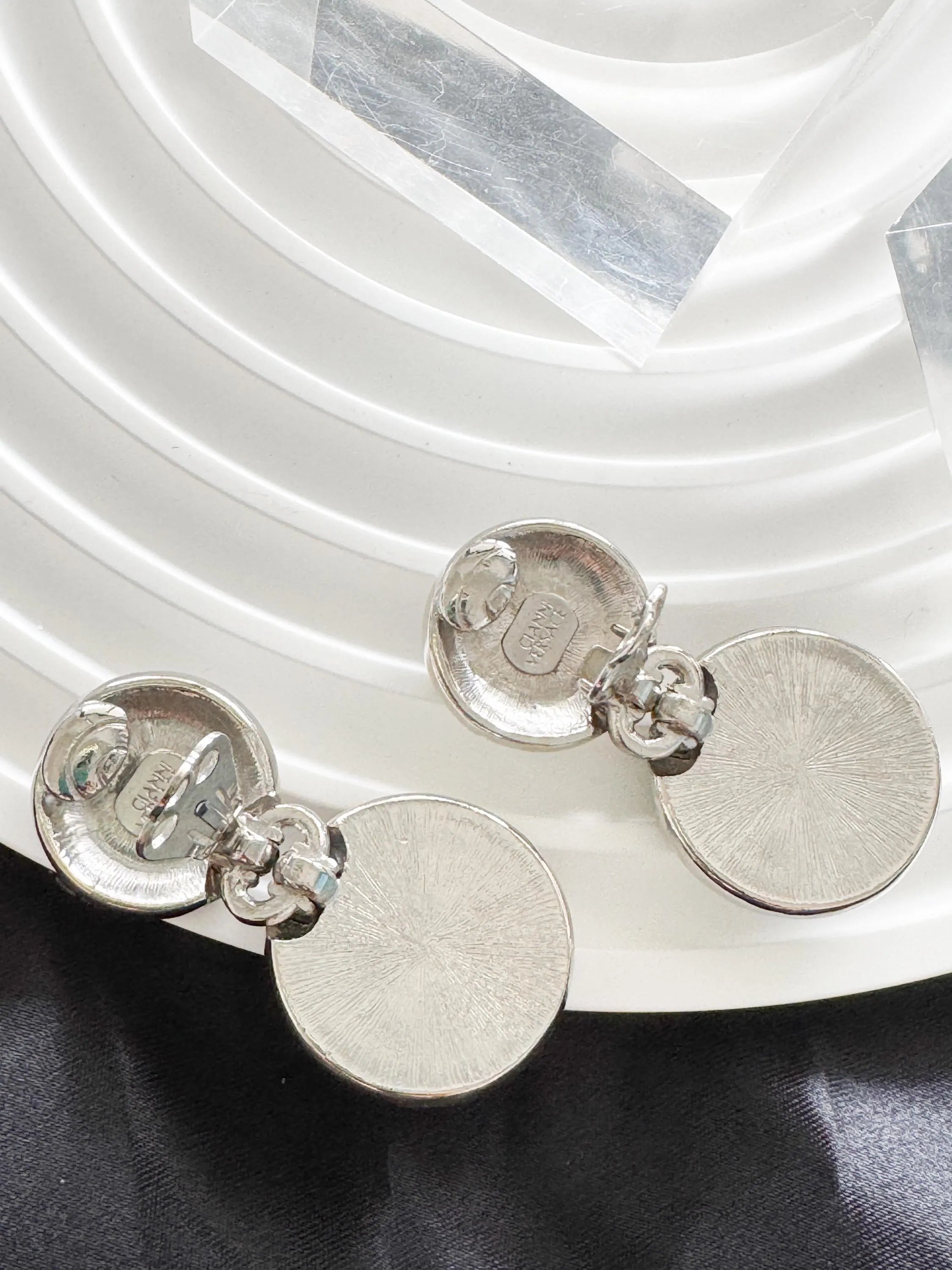 Vintage GIANNI VERSACE Medusa Dangle Earrings: Rhodium Plated Crystal Clip-Ons
