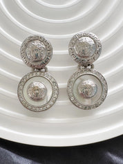Vintage GIANNI VERSACE Medusa Dangle Earrings: Rhodium Plated Crystal Clip-Ons
