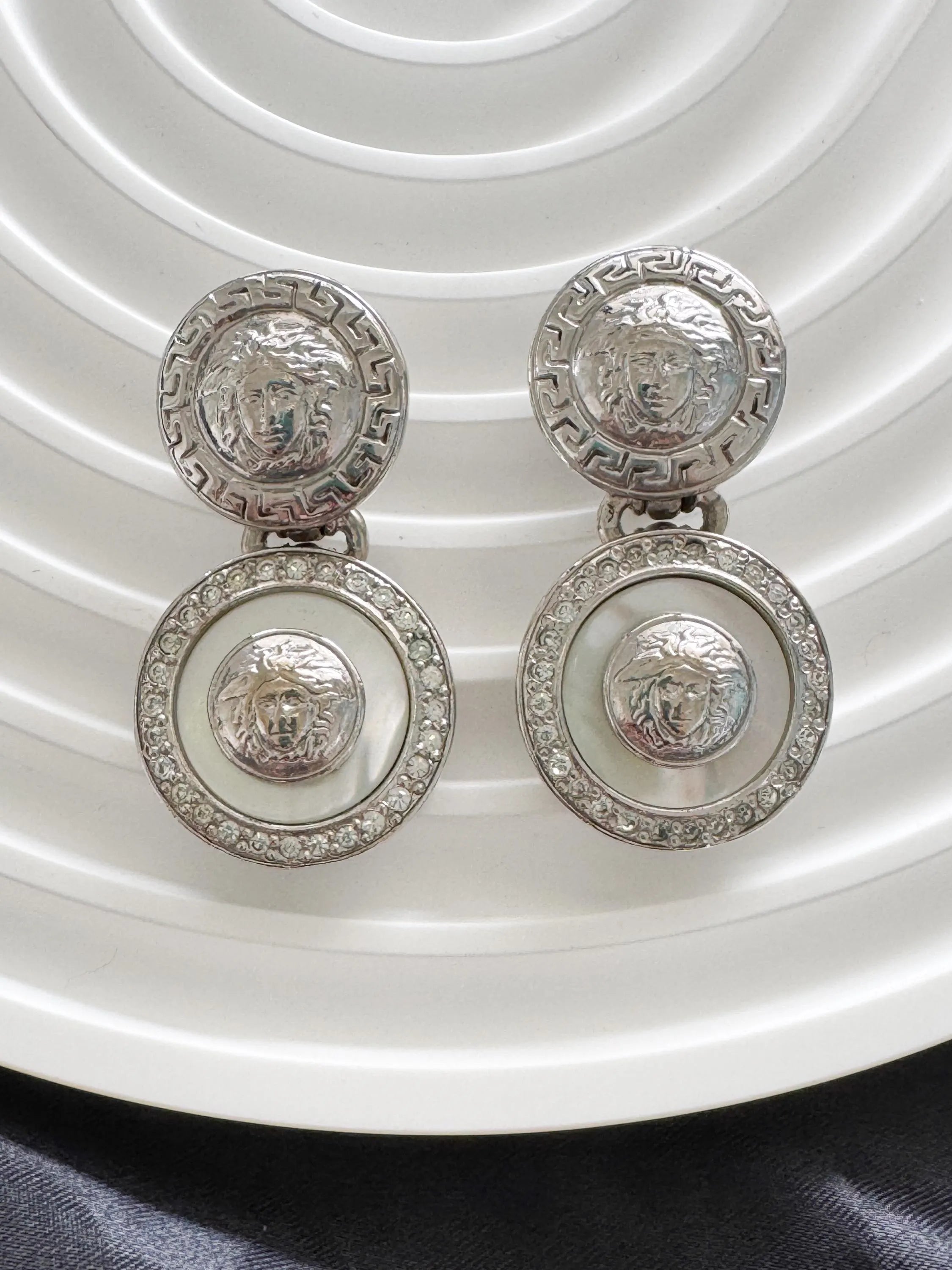 Vintage GIANNI VERSACE Medusa Dangle Earrings: Rhodium Plated Crystal Clip-Ons