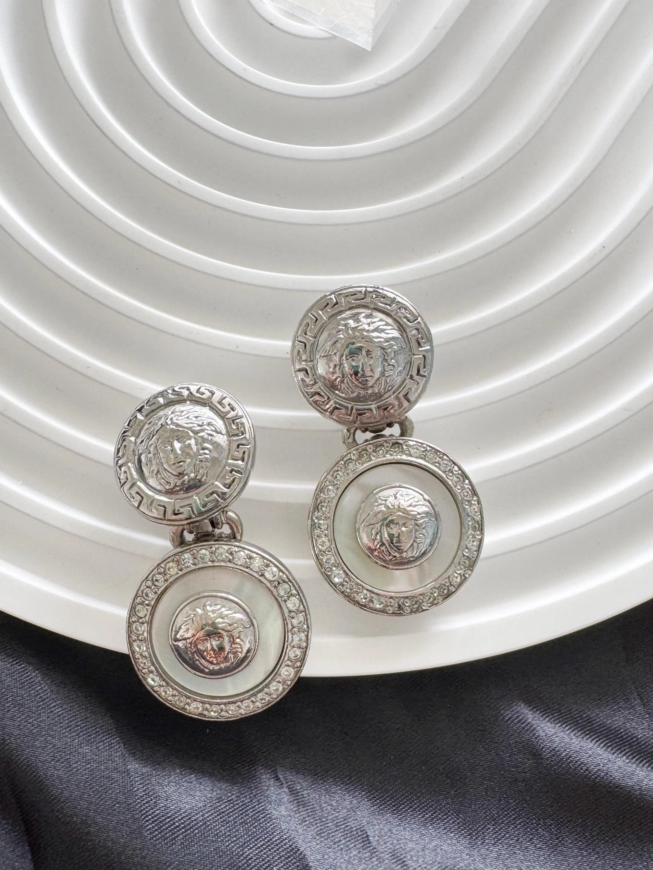 Vintage GIANNI VERSACE Medusa Dangle Earrings: Rhodium Plated Crystal Clip-Ons