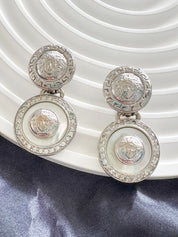 Vintage GIANNI VERSACE Medusa Dangle Earrings: Rhodium Plated Crystal Clip-Ons