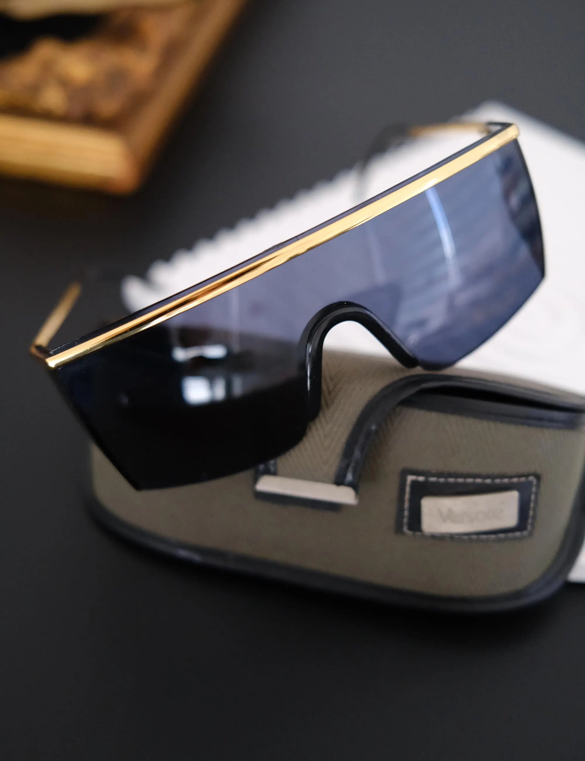 Vintage Gianni Versace MOD 790 panoramic shield sunglasses styled for a bold editorial fashion look