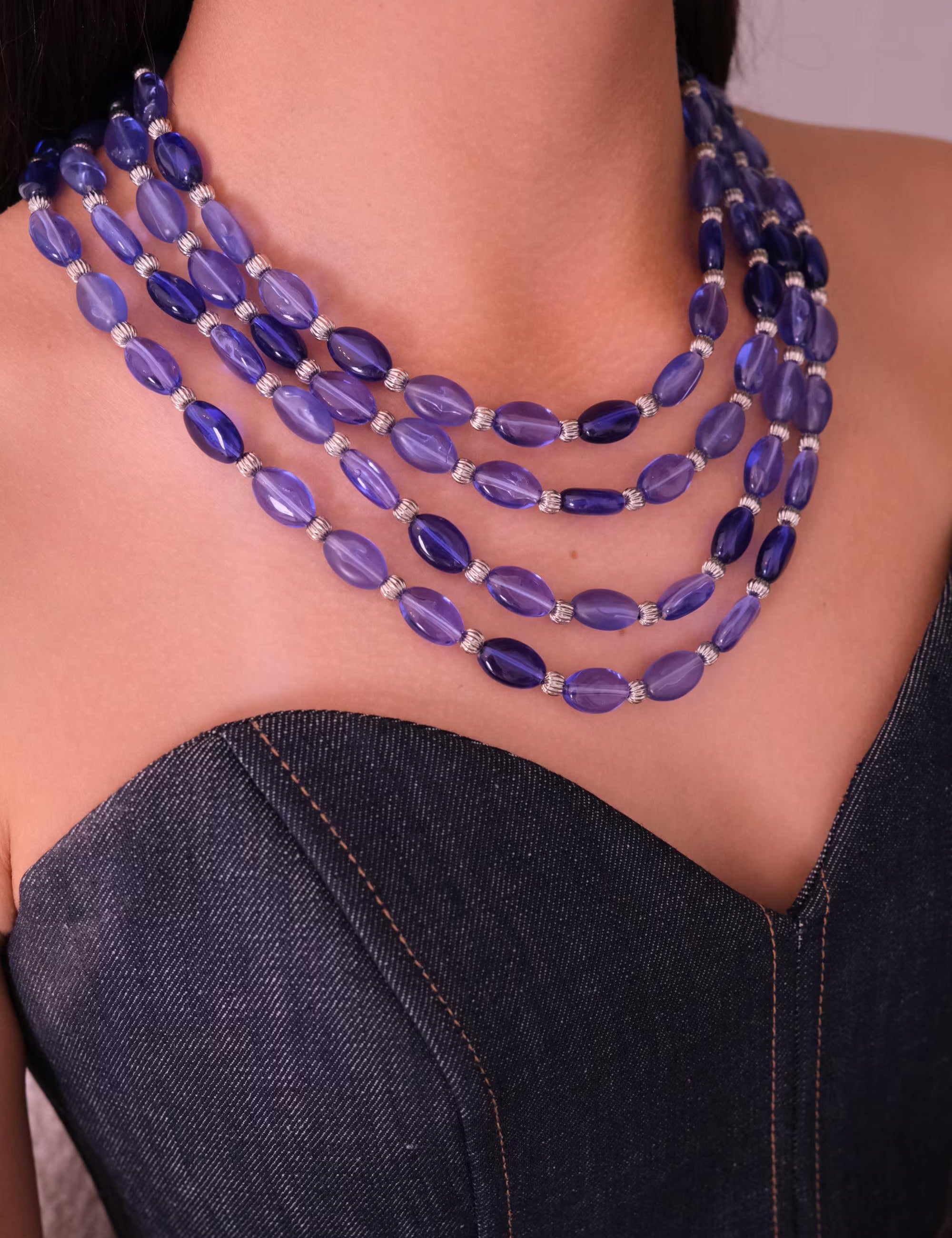 Vintage Givenchy blue beaded multi-strand necklace, long statement jewelry with elegant layered design, classic designer necklace gift for mom