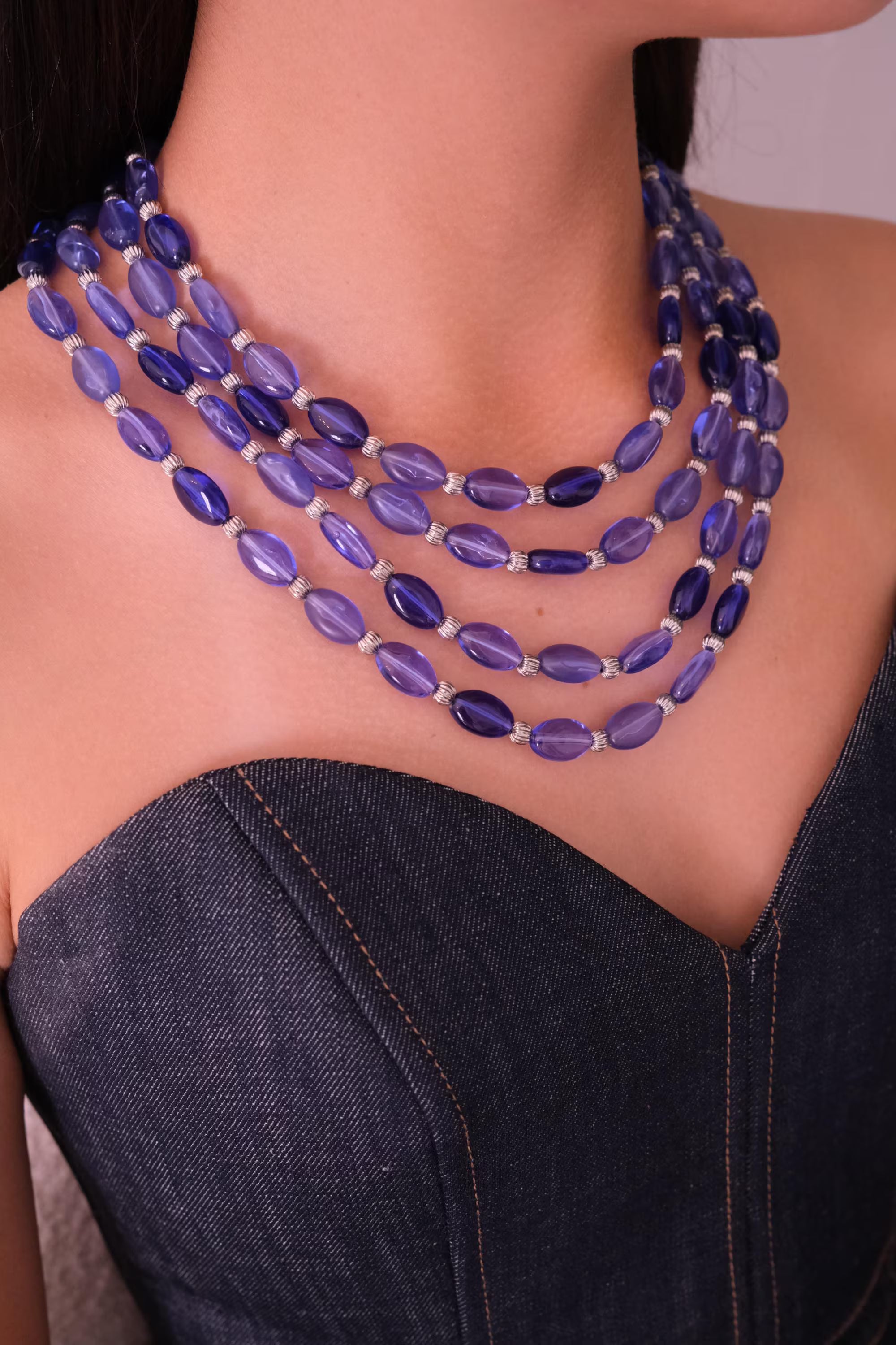 Vintage Givenchy blue beaded multi-strand necklace, long statement jewelry with elegant layered design, classic designer necklace gift for mom