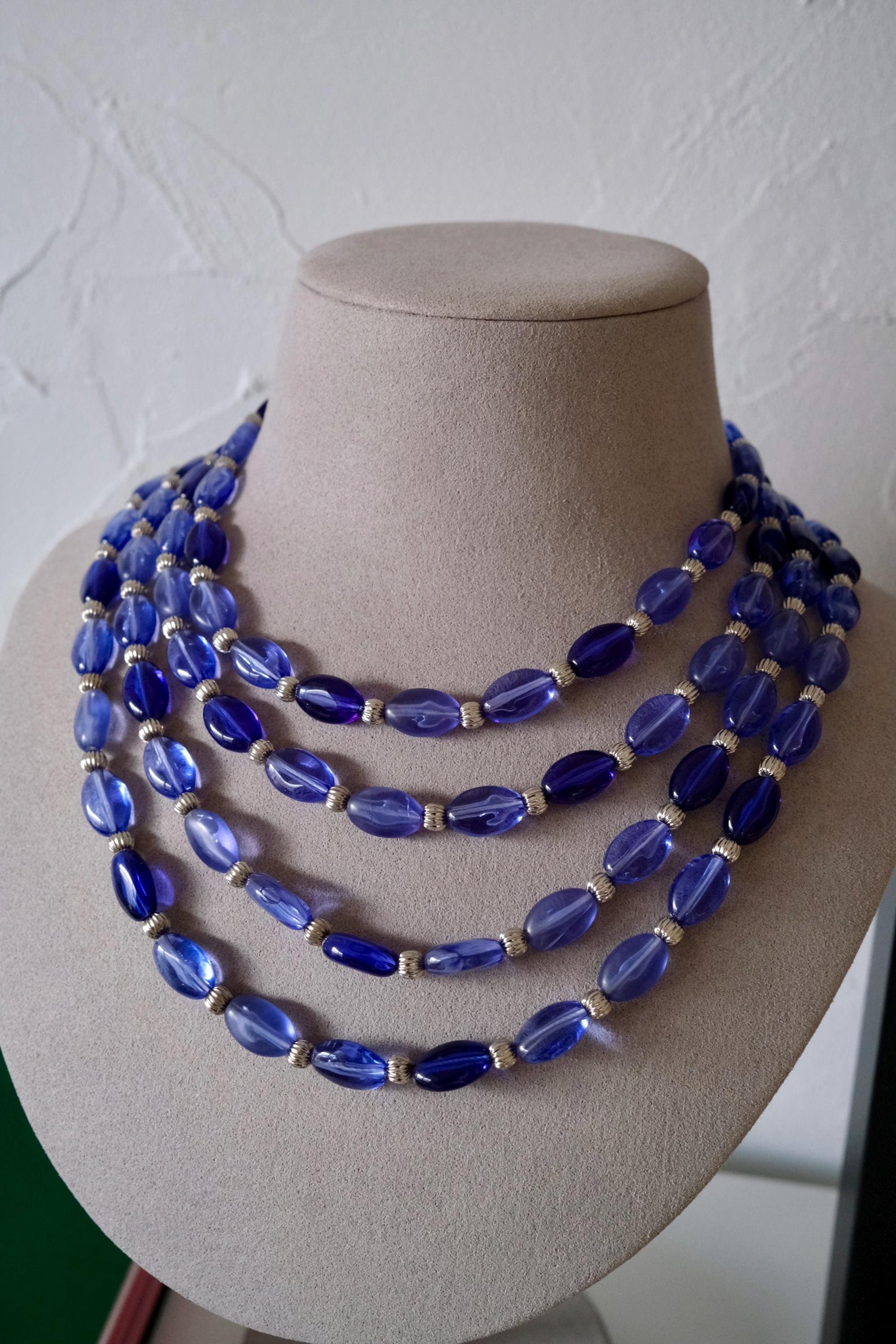 Vintage Givenchy blue beaded multi-strand necklace, long statement jewelry with elegant layered design, classic designer necklace gift for mom