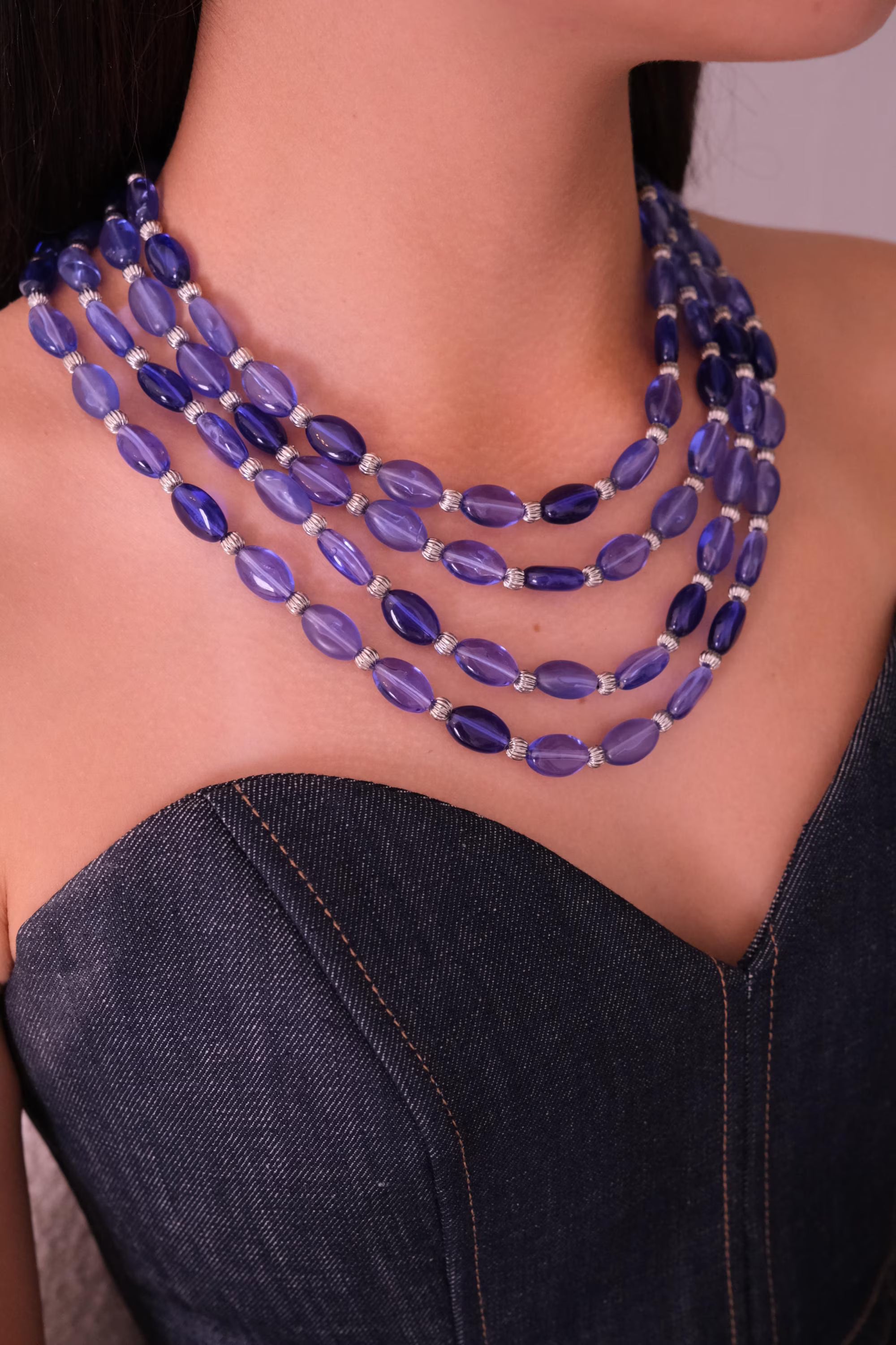 Vintage Givenchy blue beaded multi-strand necklace, long statement jewelry with elegant layered design, classic designer necklace gift for mom