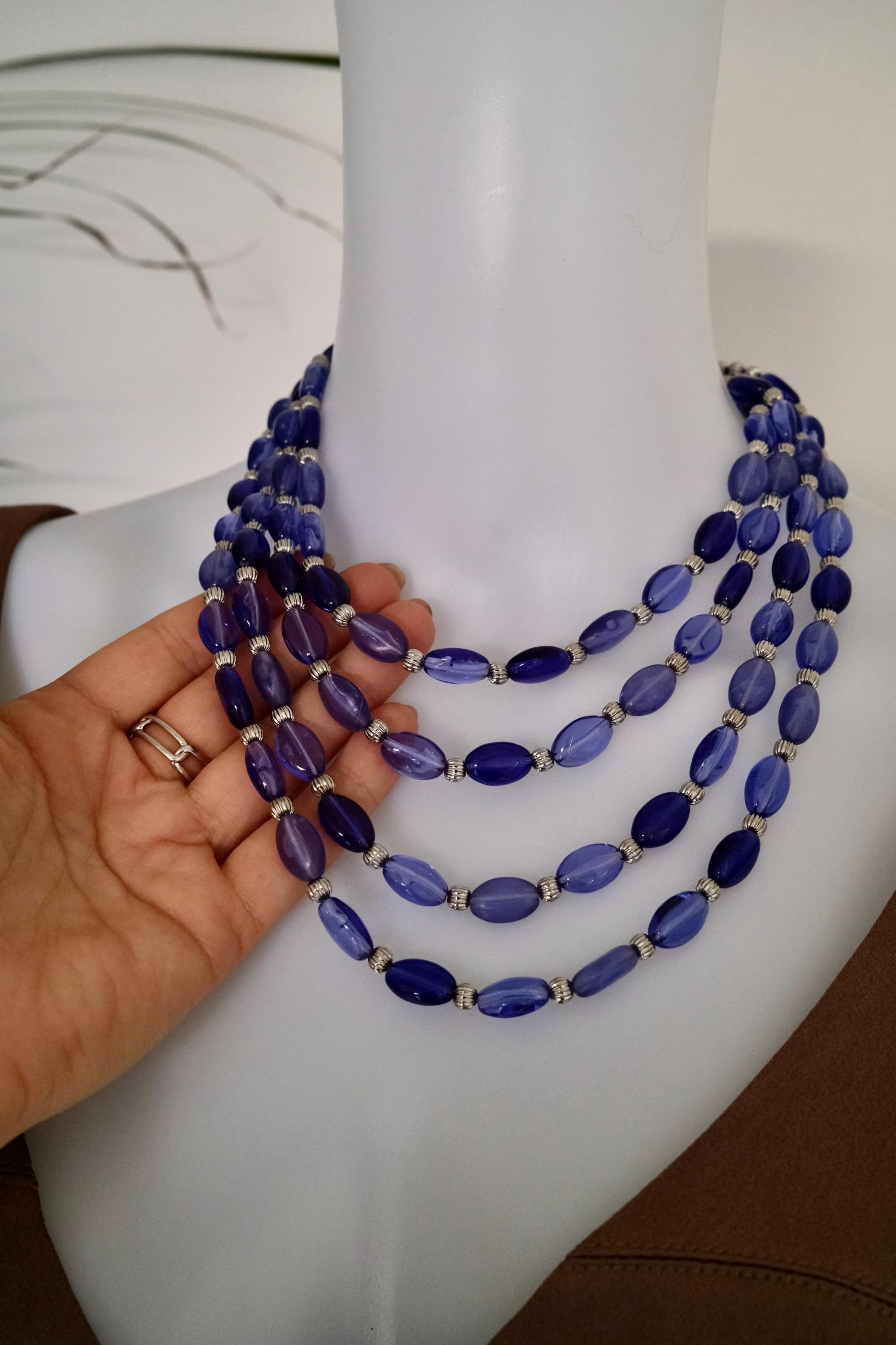 Vintage Givenchy blue beaded multi-strand necklace, long statement jewelry with elegant layered design, classic designer necklace gift for mom