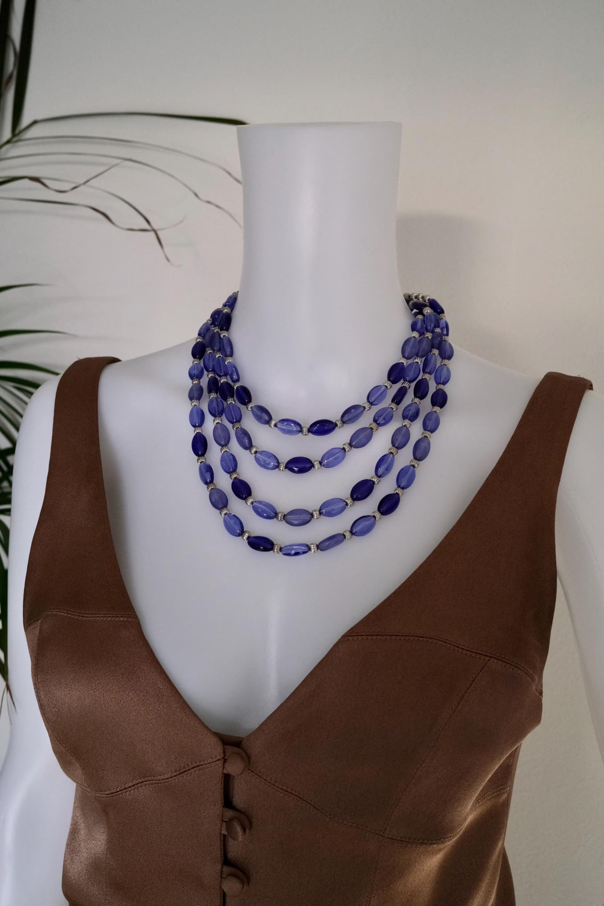 Vintage Givenchy blue beaded multi-strand necklace, long statement jewelry with elegant layered design, classic designer necklace gift for mom