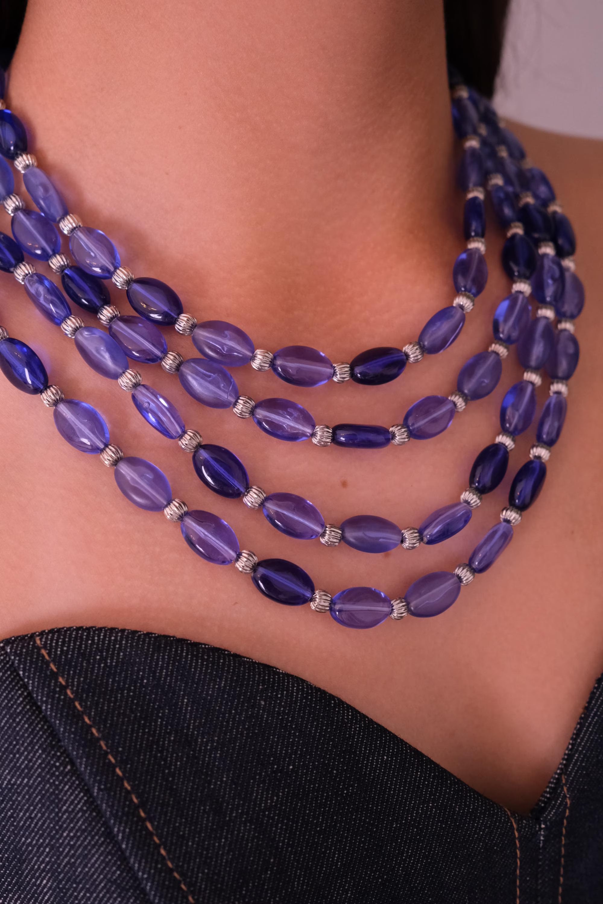 Vintage Givenchy blue beaded multi-strand necklace, long statement jewelry with elegant layered design, classic designer necklace gift for mom