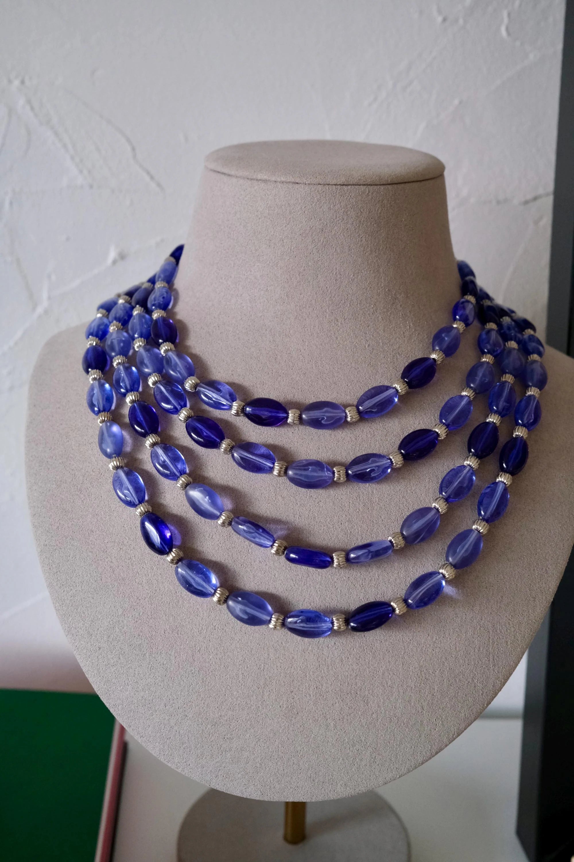 Vintage Givenchy blue beaded multi-strand necklace, long statement jewelry with elegant layered design, classic designer necklace gift for mom