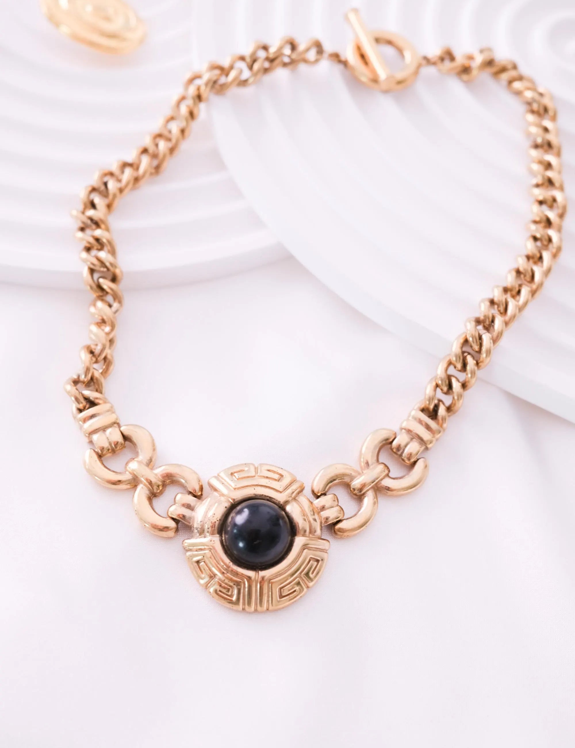 Vintage Givenchy Choker Necklace Toggle: Gold-Tone Medallion, Black Cabochon, Gold Toggle Necklace, Jewelry for holiday, Vintage High Fashion Jewelry Lover, Costume Jewelry, Luxurious High End Design