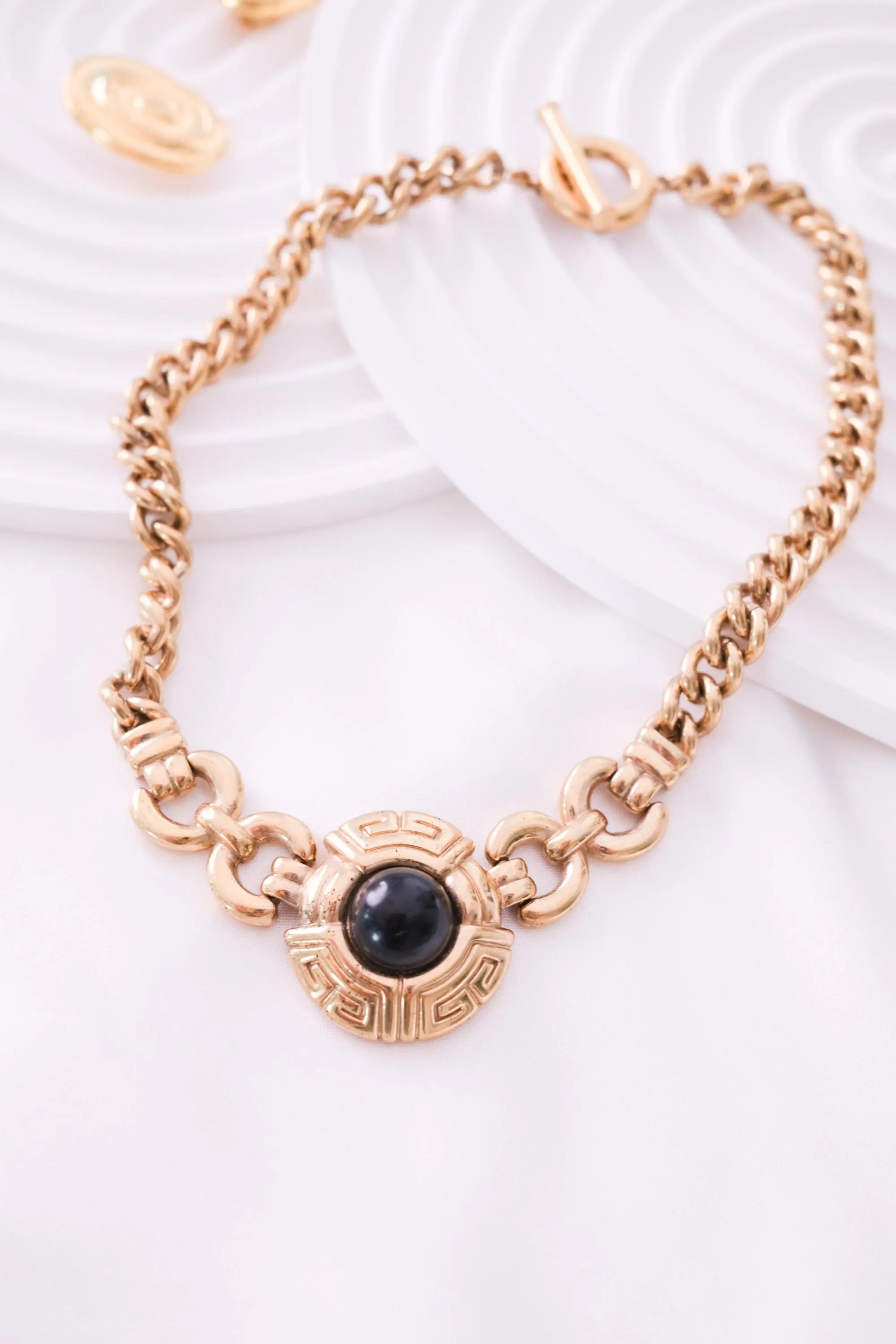 Vintage Givenchy Choker Necklace Toggle: Gold-Tone Medallion, Black Cabochon, Gold Toggle Necklace, Jewelry for holiday, Vintage High Fashion Jewelry Lover, Costume Jewelry, Luxurious High End Design