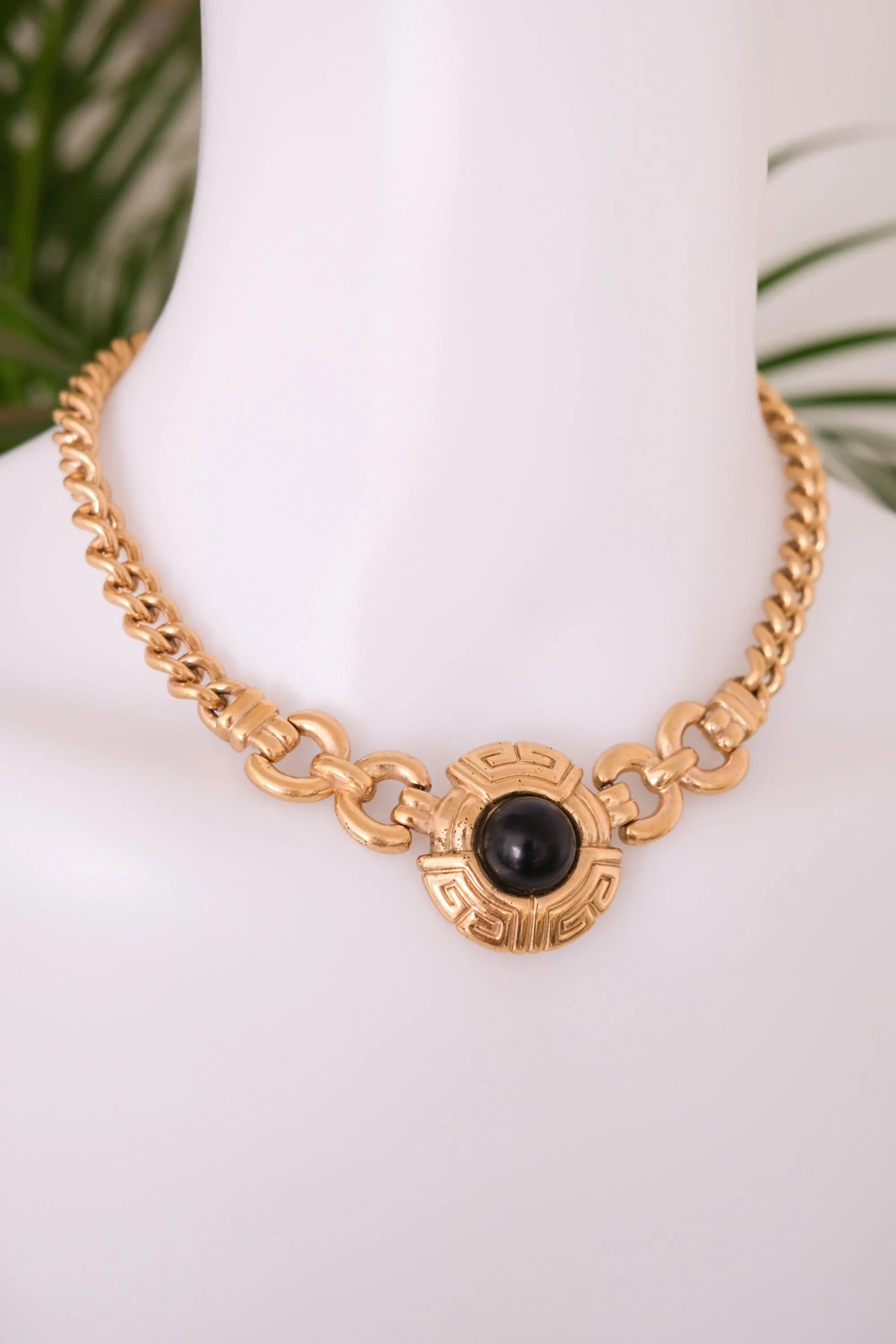 Vintage Givenchy Choker Necklace Toggle: Gold-Tone Medallion, Black Cabochon, Gold Toggle Necklace, Jewelry for holiday, Vintage High Fashion Jewelry Lover, Costume Jewelry, Luxurious High End Design