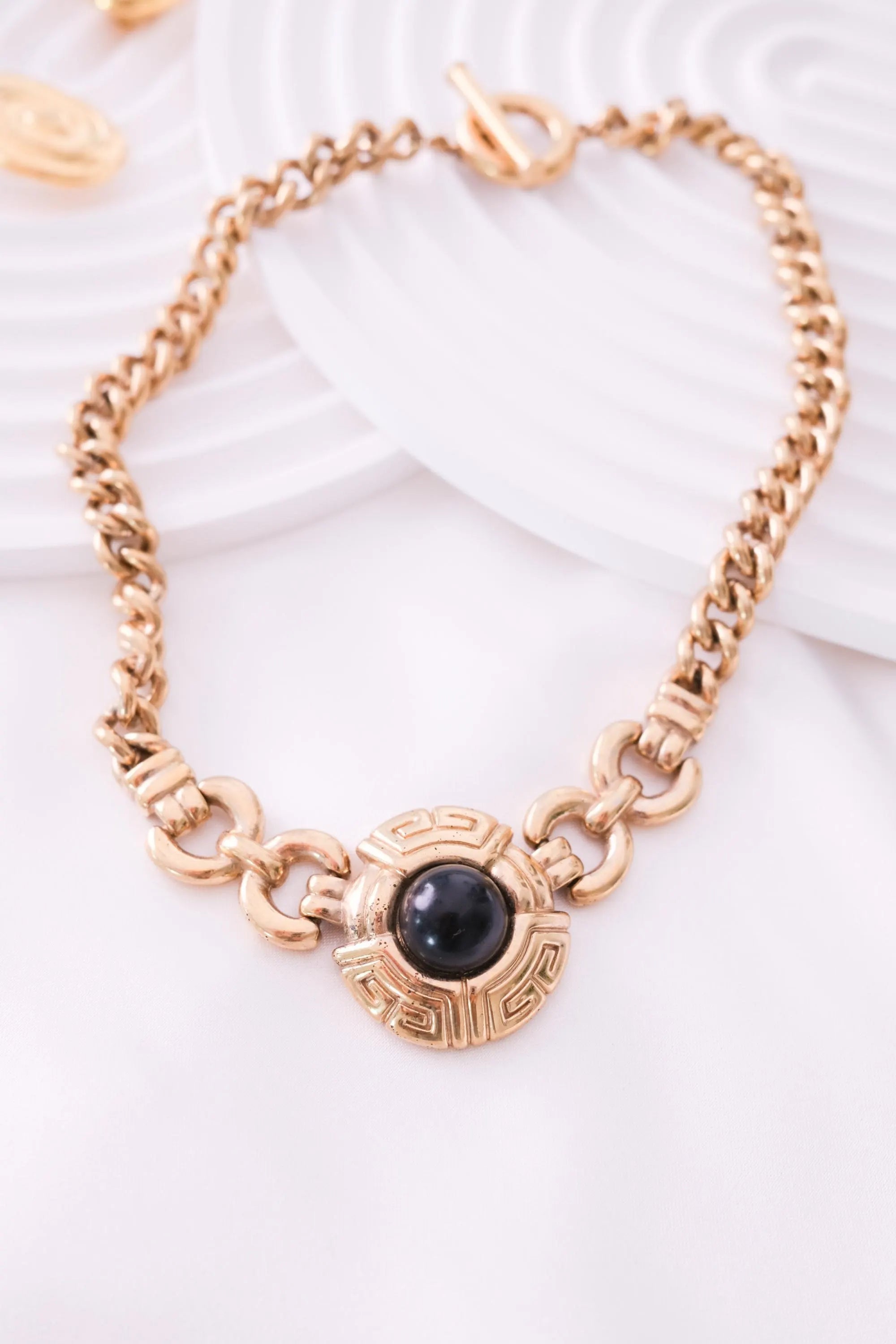Vintage Givenchy Choker Necklace Toggle: Gold-Tone Medallion, Black Cabochon, Gold Toggle Necklace, Jewelry for holiday, Vintage High Fashion Jewelry Lover, Costume Jewelry, Luxurious High End Design