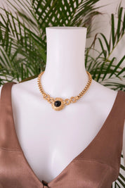 Vintage Givenchy Choker Necklace Toggle: Gold-Tone Medallion, Black Cabochon, Gold Toggle Necklace, Jewelry for holiday, Vintage High Fashion Jewelry Lover, Costume Jewelry, Luxurious High End Design