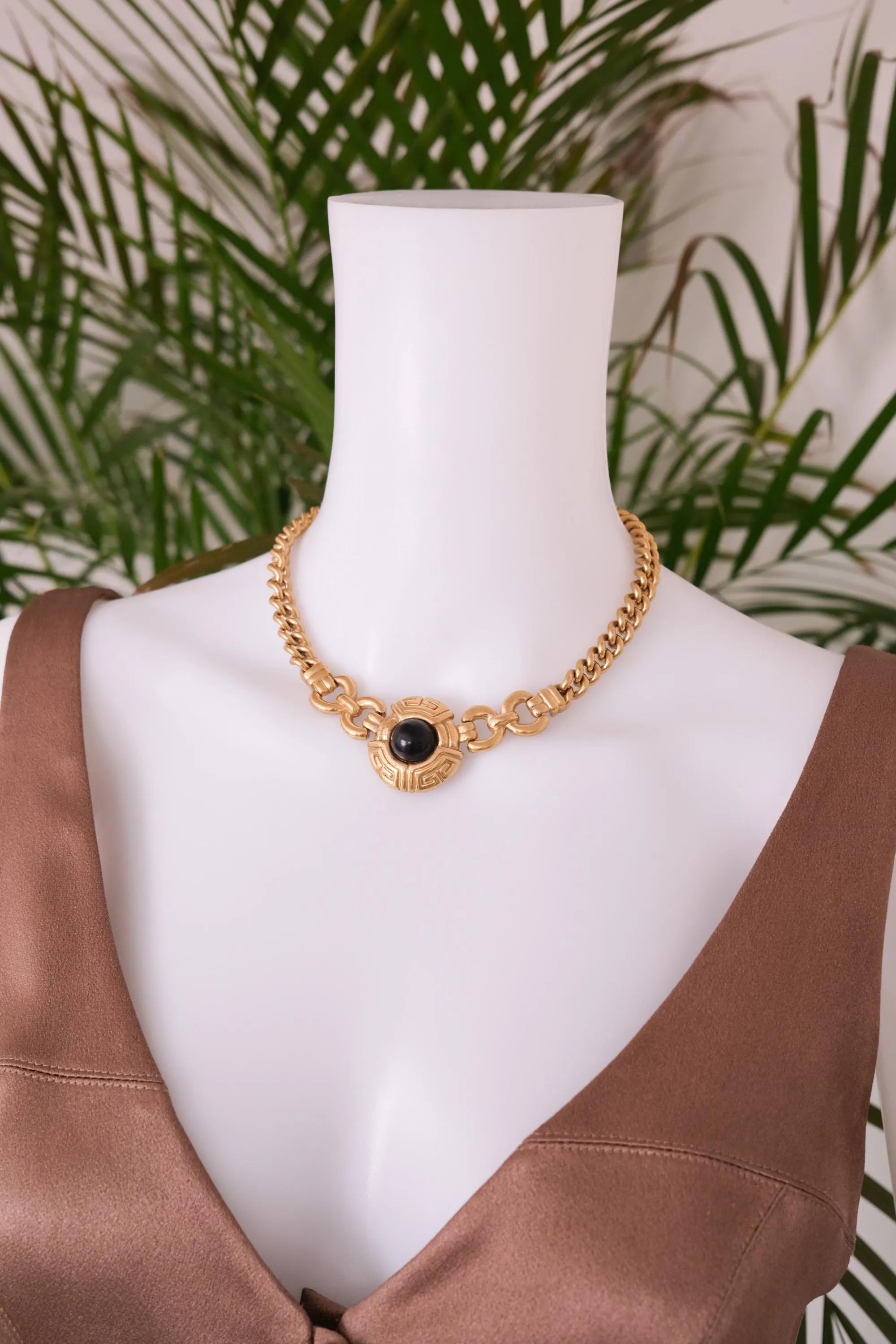 Vintage Givenchy Choker Necklace Toggle: Gold-Tone Medallion, Black Cabochon, Gold Toggle Necklace, Jewelry for holiday, Vintage High Fashion Jewelry Lover, Costume Jewelry, Luxurious High End Design