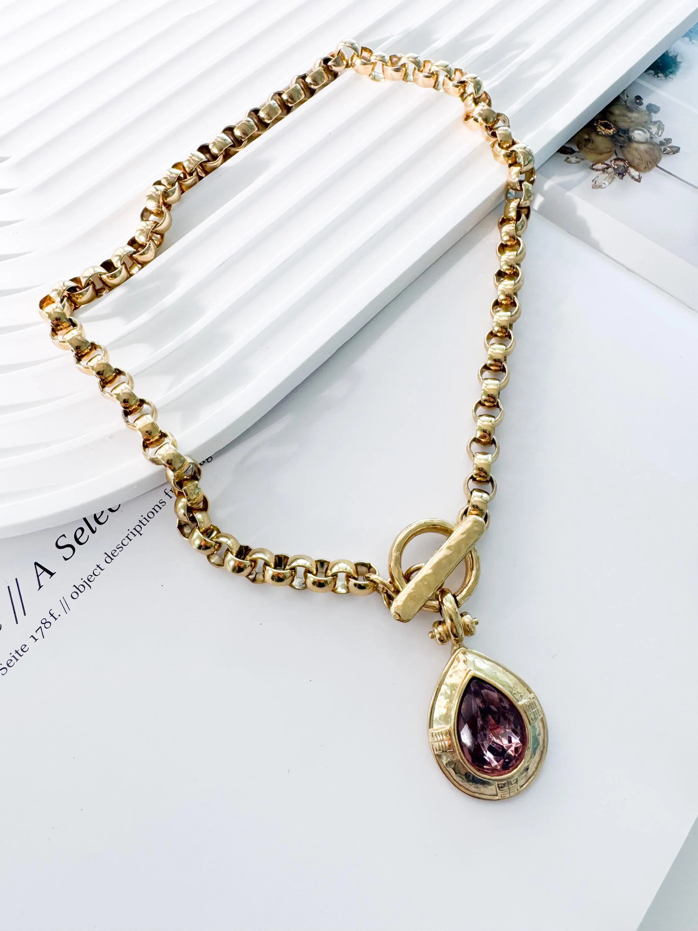 Vintage Givenchy Necklace Choker Toggle Clasp Teardrop Crystal Pendant Pink