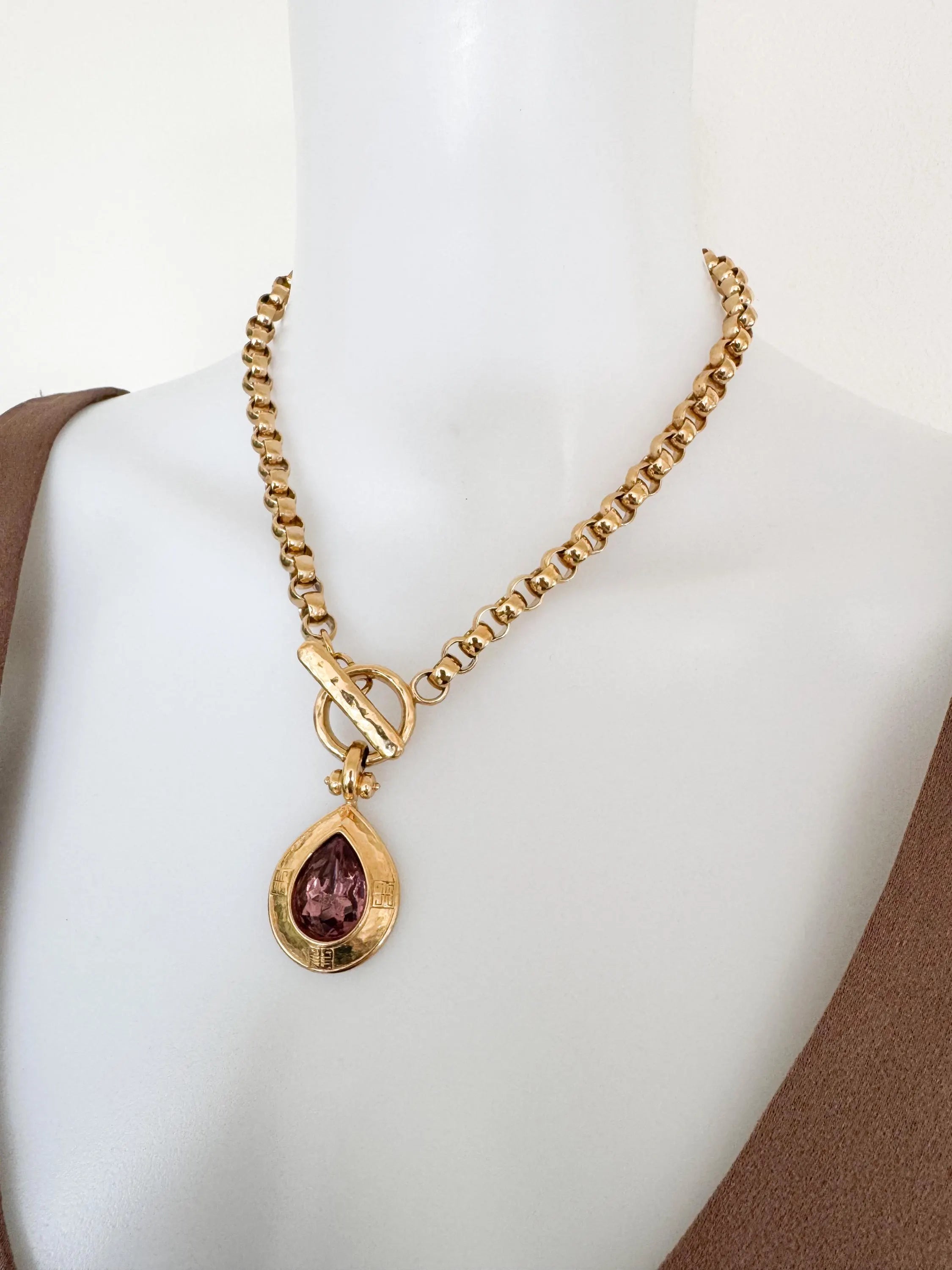 Vintage Givenchy Necklace Choker Toggle Clasp Teardrop Crystal Pendant Pink