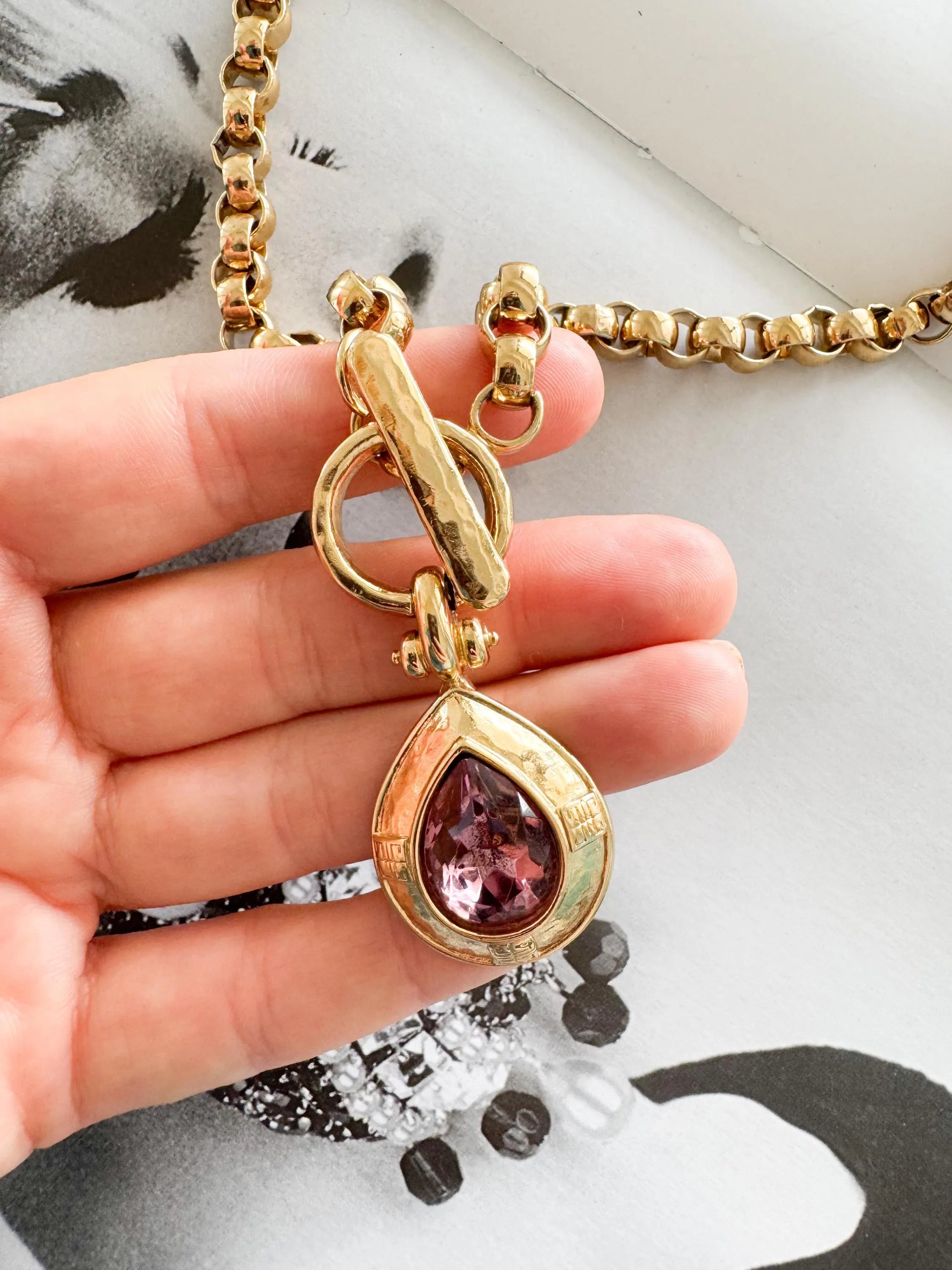 Vintage Givenchy Necklace Choker Toggle Clasp Teardrop Crystal Pendant Pink