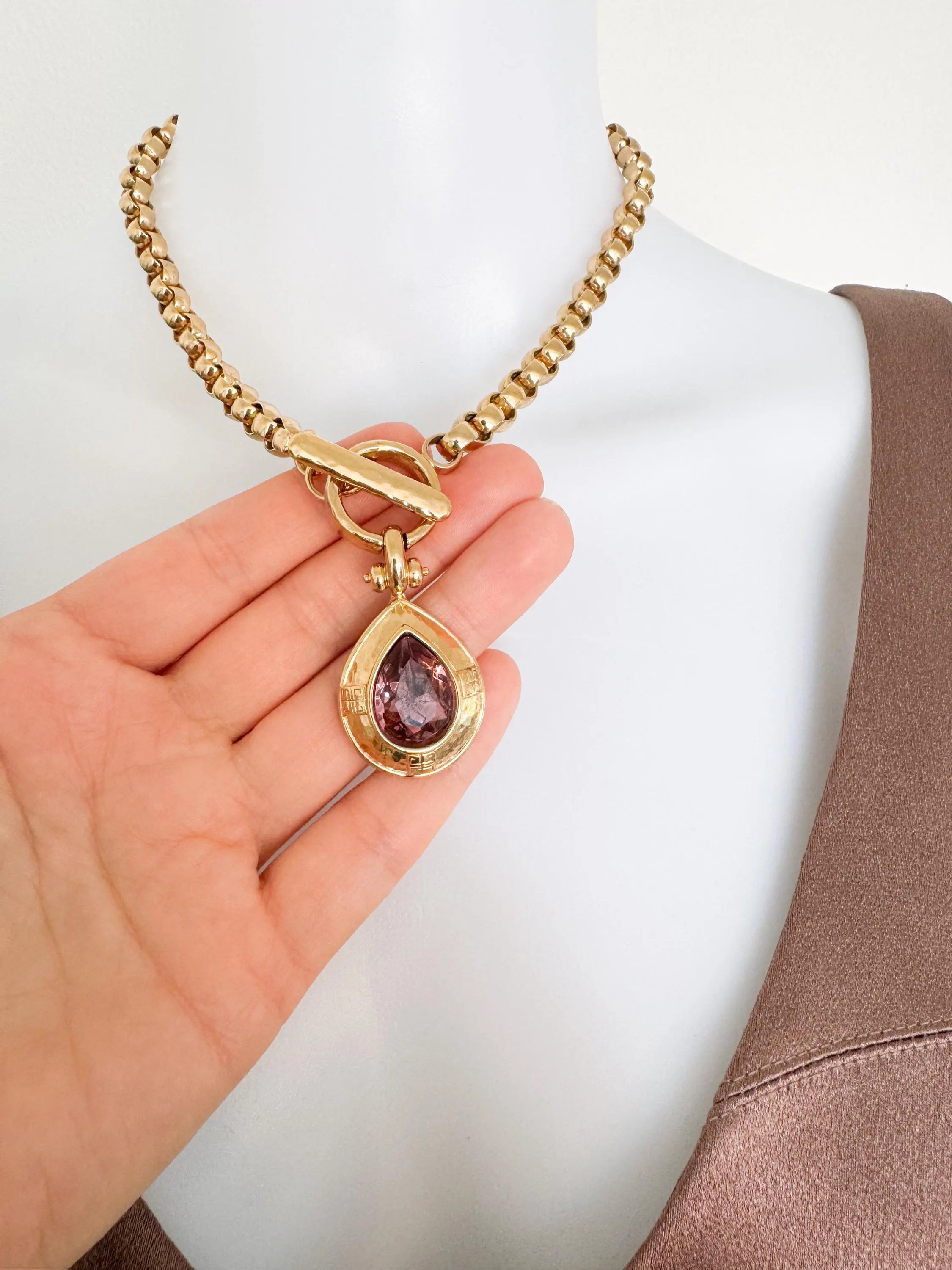 Vintage Givenchy Necklace Choker Toggle Clasp Teardrop Crystal Pendant Pink