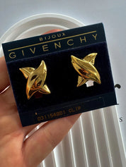 Vintage Givenchy earrings, gold-plated clip-on earrings, 1980s designer jewelry, sculptural statement earrings, Givenchy logo earrings
