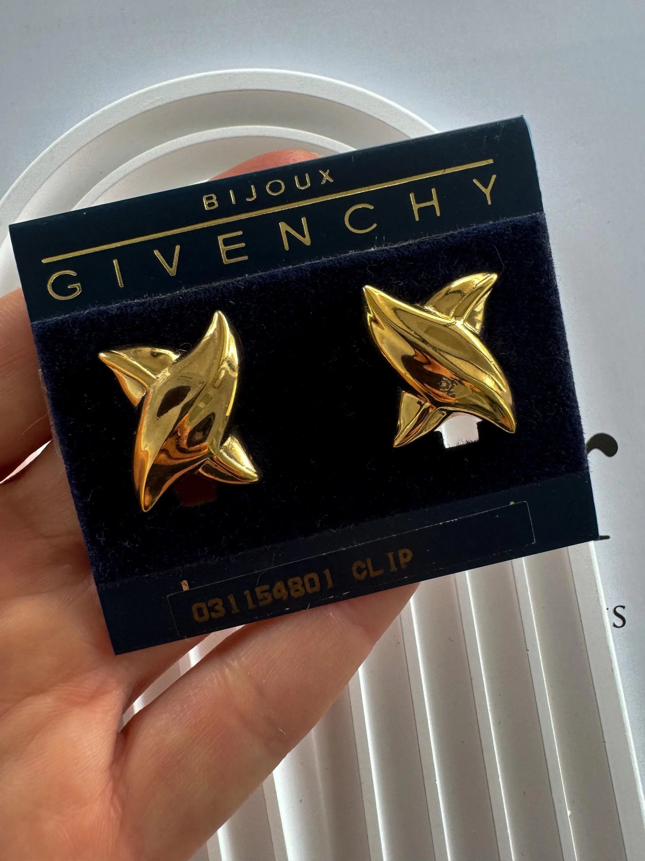 Vintage Givenchy earrings, gold-plated clip-on earrings, 1980s designer jewelry, sculptural statement earrings, Givenchy logo earrings