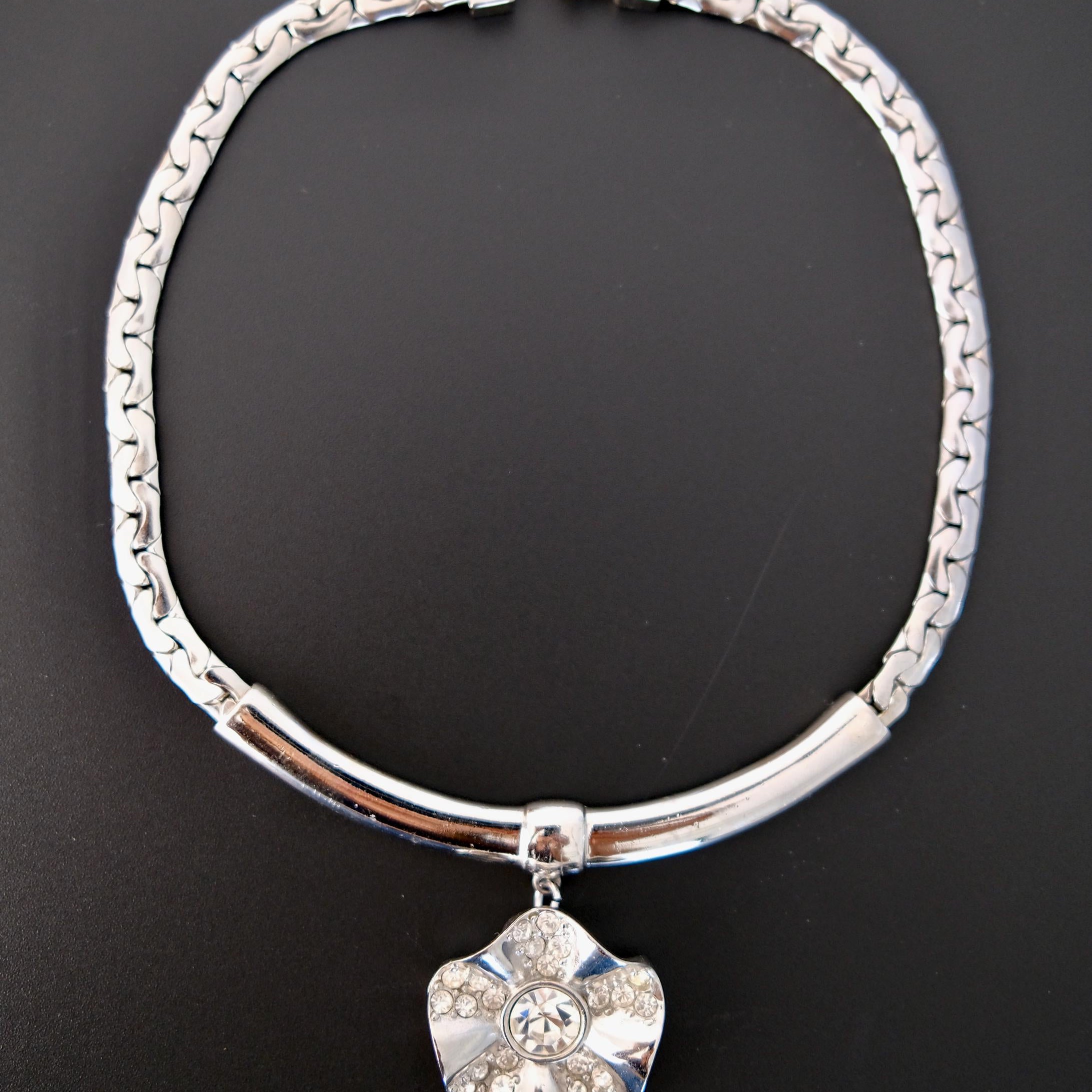 Vintage Givenchy silver-tone choker necklace with crystal flower statement centerpiece